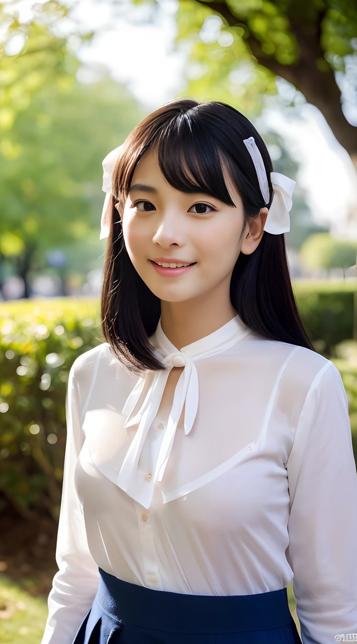 (japanes),(30-years old), (Women with a standard body type), (small tits),((flat breast)),(Females have sharp eyes.),((eyes are narrow)),((eyes are small)),((Single eyelid)),(nerdy),(Unhealthy),(Long face),(Sober face),((Piercings are not worn)),(Modest and inconspicuous face),(Fox-like face),((small mouth)),((the front teeth protrude slightly)),(She is short in stature),(She wears almost no makeup),Natural makeup,(thin lipss),Smiling,(The length of hair to the shoulders),(Hairstyle is straight),((Ears are hidden by hair)),Black hair,Bangs are as long as eyebrows, (The forehead is hidden by bangs),(She is in a well-lit park),(She has small breasts), (((She wears a white blouse with a red ribbon))), ((She is wearing a long dark blue skirt)), (Photorealistic), (Ray tracing), (Sharp Focus), 鎖骨, (Detailed face), natural and realistic skin textures, Soft face, (((Cameltoe))),((perfect anatomia:1.4))