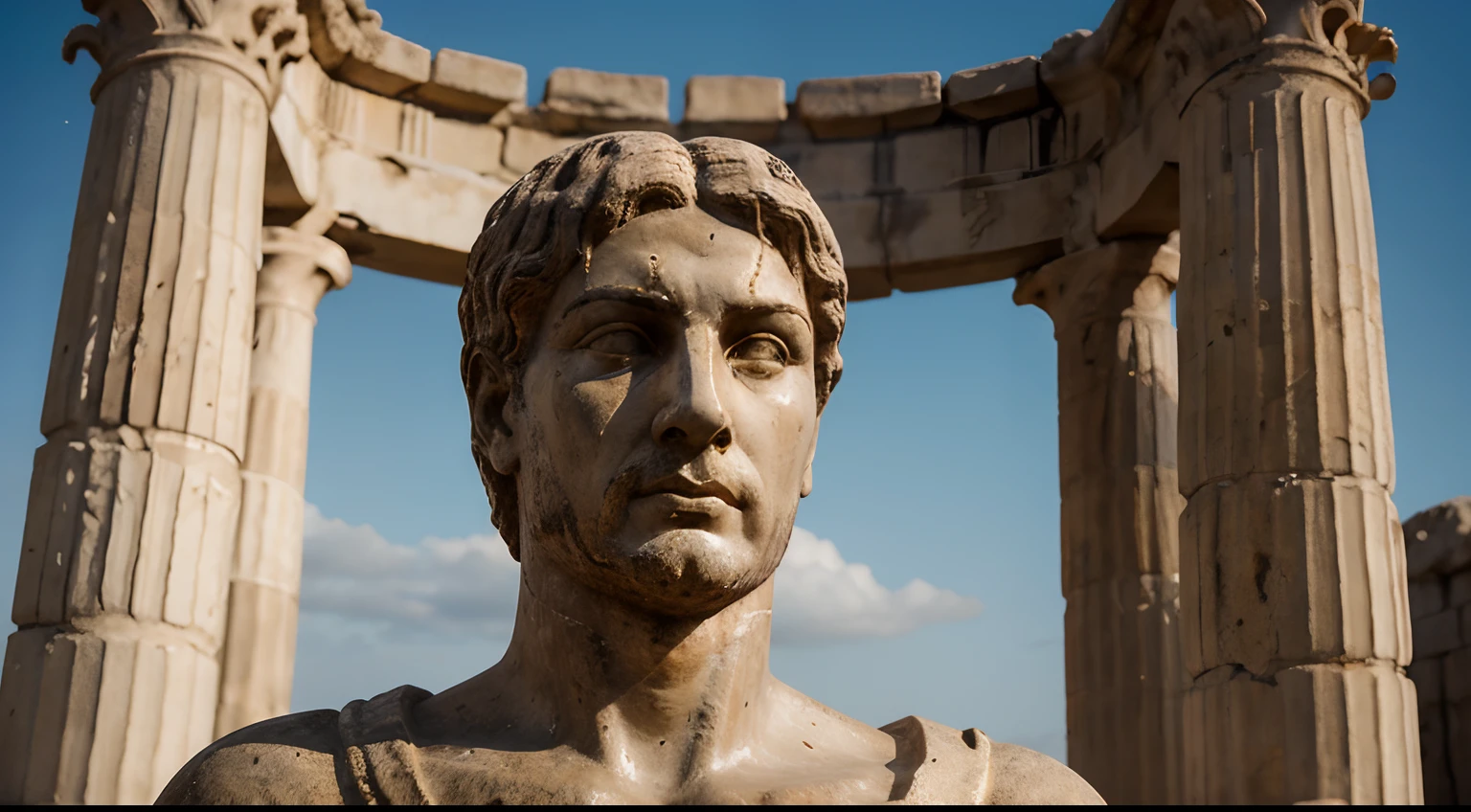 Ancient Stoic Statue With Very Angry Expression, tem barba, muitos detalhes em ambos os olhos, Outside, fundo atenas grego, open sky, com rosto extremamente detalhado full body view, Colors with low saturation with dark tone, Filmado em Sony A7S III com Sony FE 35mm f/1.8, 12.1 MP, --AR 3:2 --estilo cru