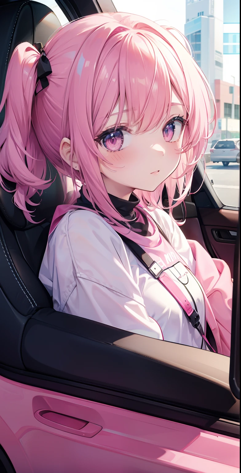 1 girl, full pink, inside pink car, high resolution, ultra clear, 8k, masterpiece, Looking at Viewer