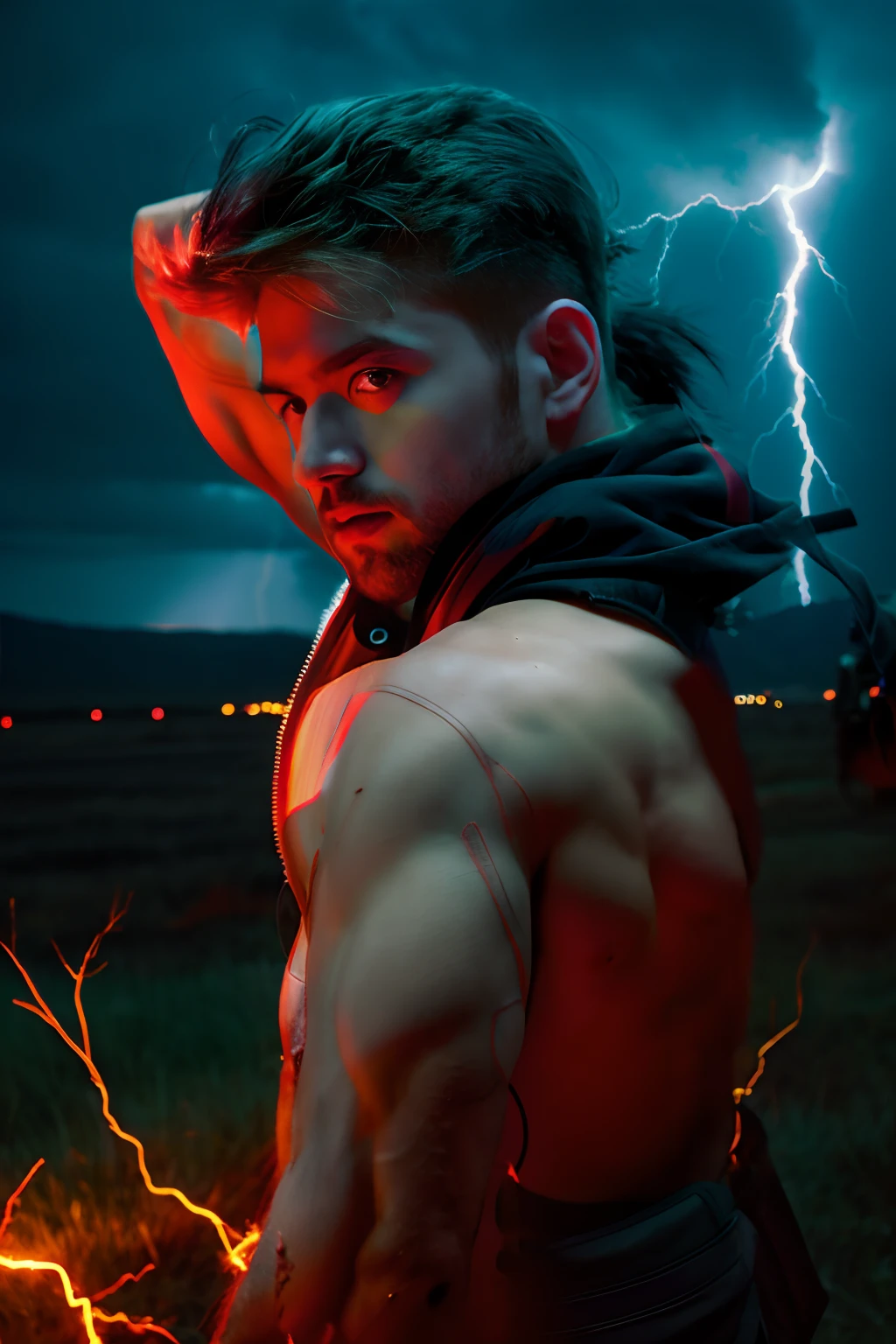 Black hair, body muscle, lightning in arms, lightning flare on eyes, war field background.
