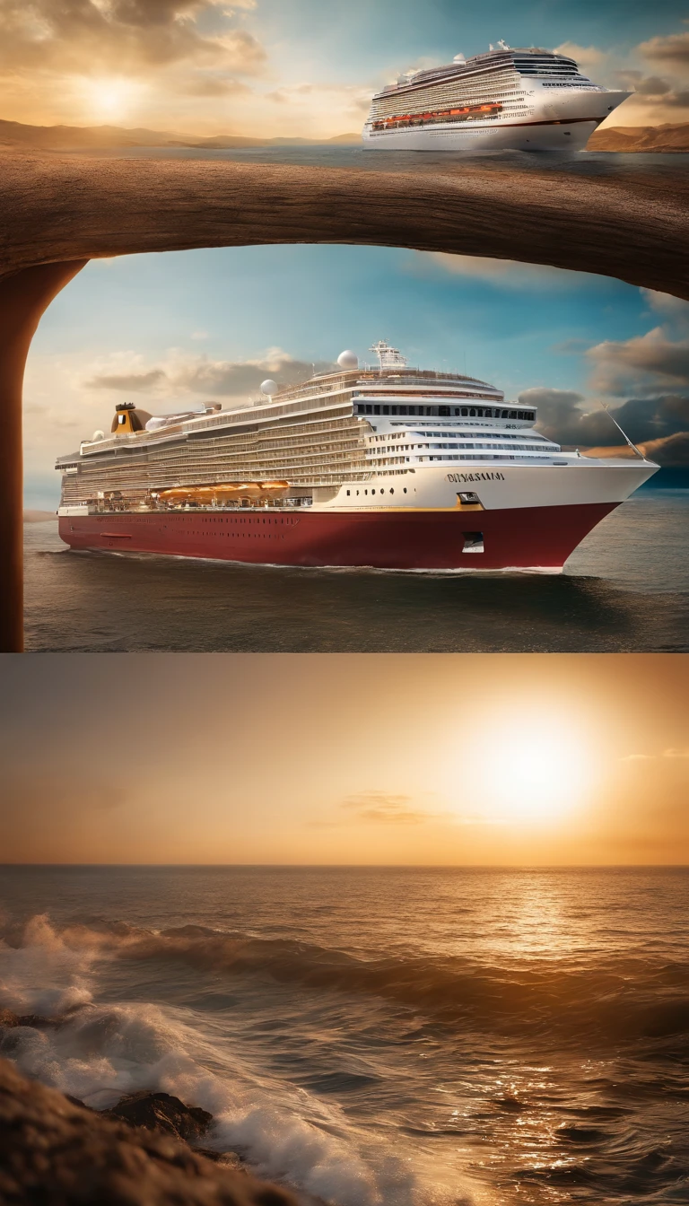 (best quality,Altas,ultra-detalhado:1.2), Large cruise ship in an expansive open space, with an emphasis on the ship's exterior, vivid colors, foco nítido, Bokeh, studio lighting,Physically-based rendering,Retratos,Landscape,artistas conceituais,Realistic,fotografia,master part:1.2