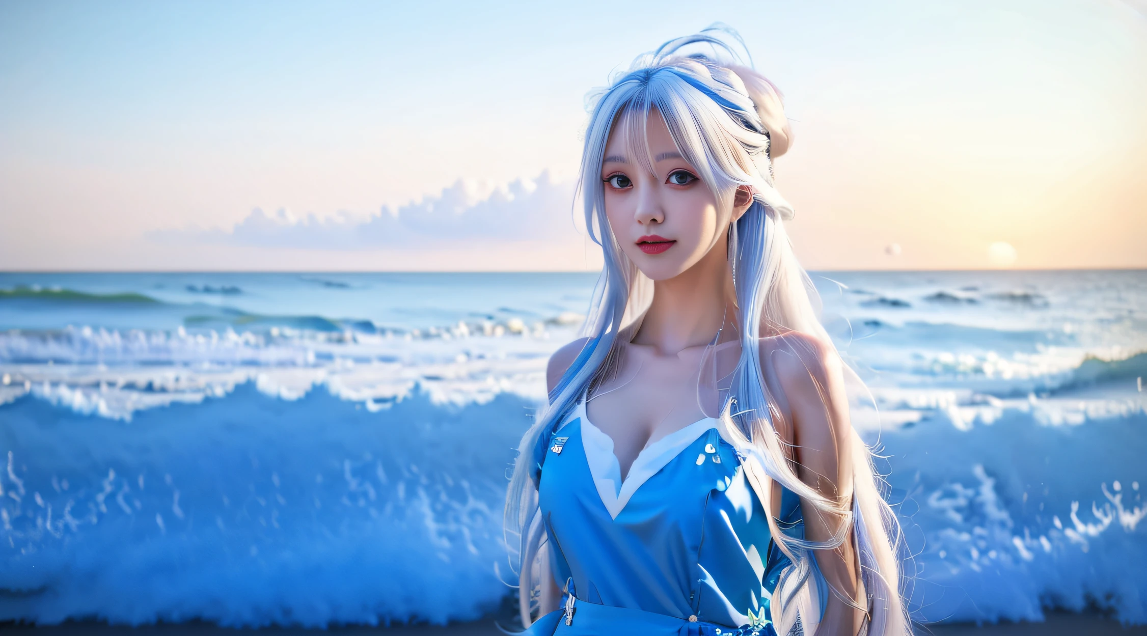 Anime girl with long hair and white top standing on the beach, style of anime4 K, 4K anime wallpaper, wallpaper anime blue water, Girl with white hair, Beautiful anime girl, Anime wallpaper 4K, Anime wallpaper 4 k, Beautiful anime, Anime art wallpaper 8 K, anime visual of a cute girl, loli in dress, Perfect white haired girl