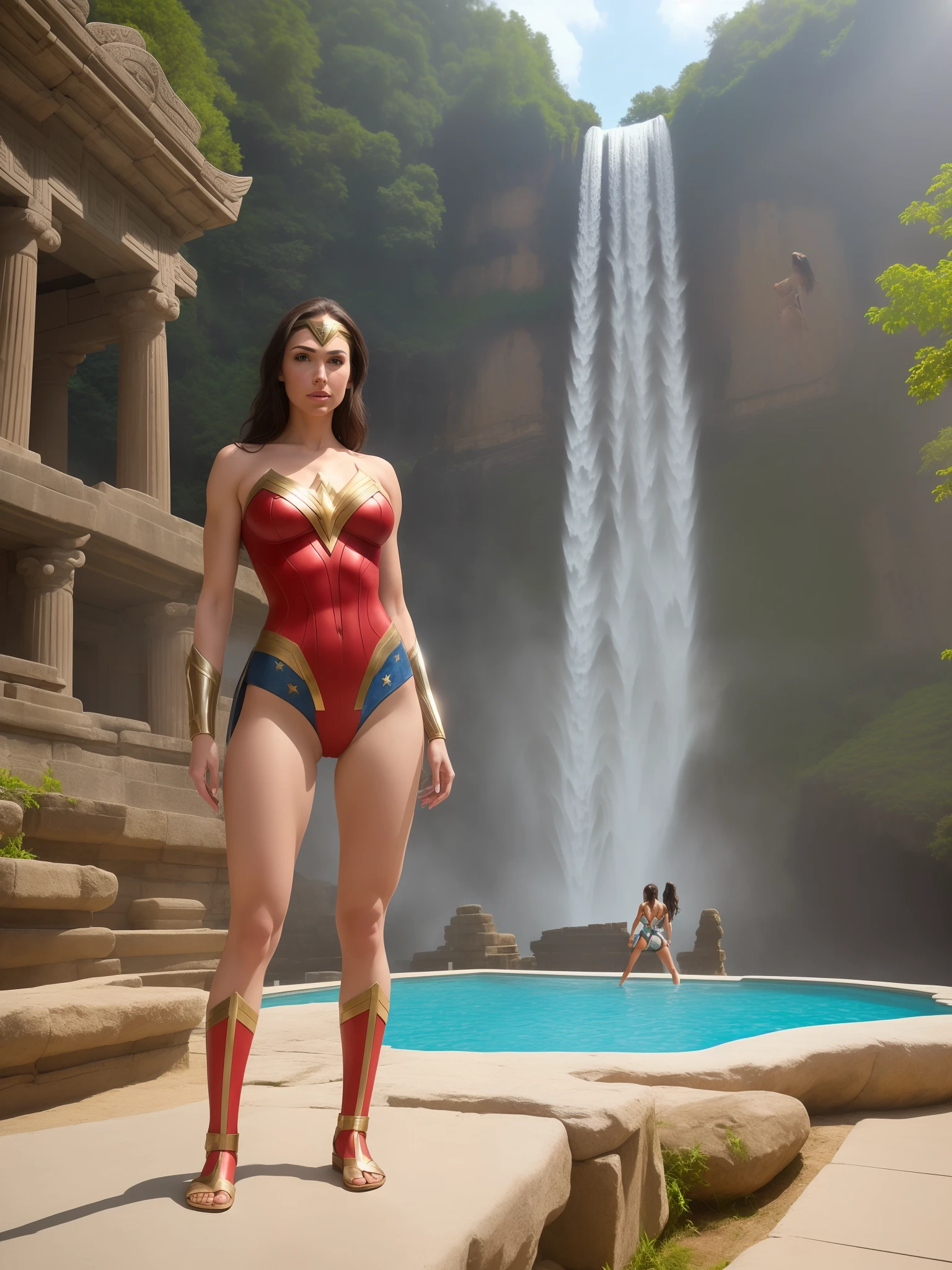 a fit woman in bodysuit, enormous breast, realistic, detailed, hyperrealistic, Hero pose, Standing next to beautiful waterfall and pool inside ancient temple, 1girl, high detailed, 8k, cameltoe, , , wonder woman, gal gadot, (full body:1.5)