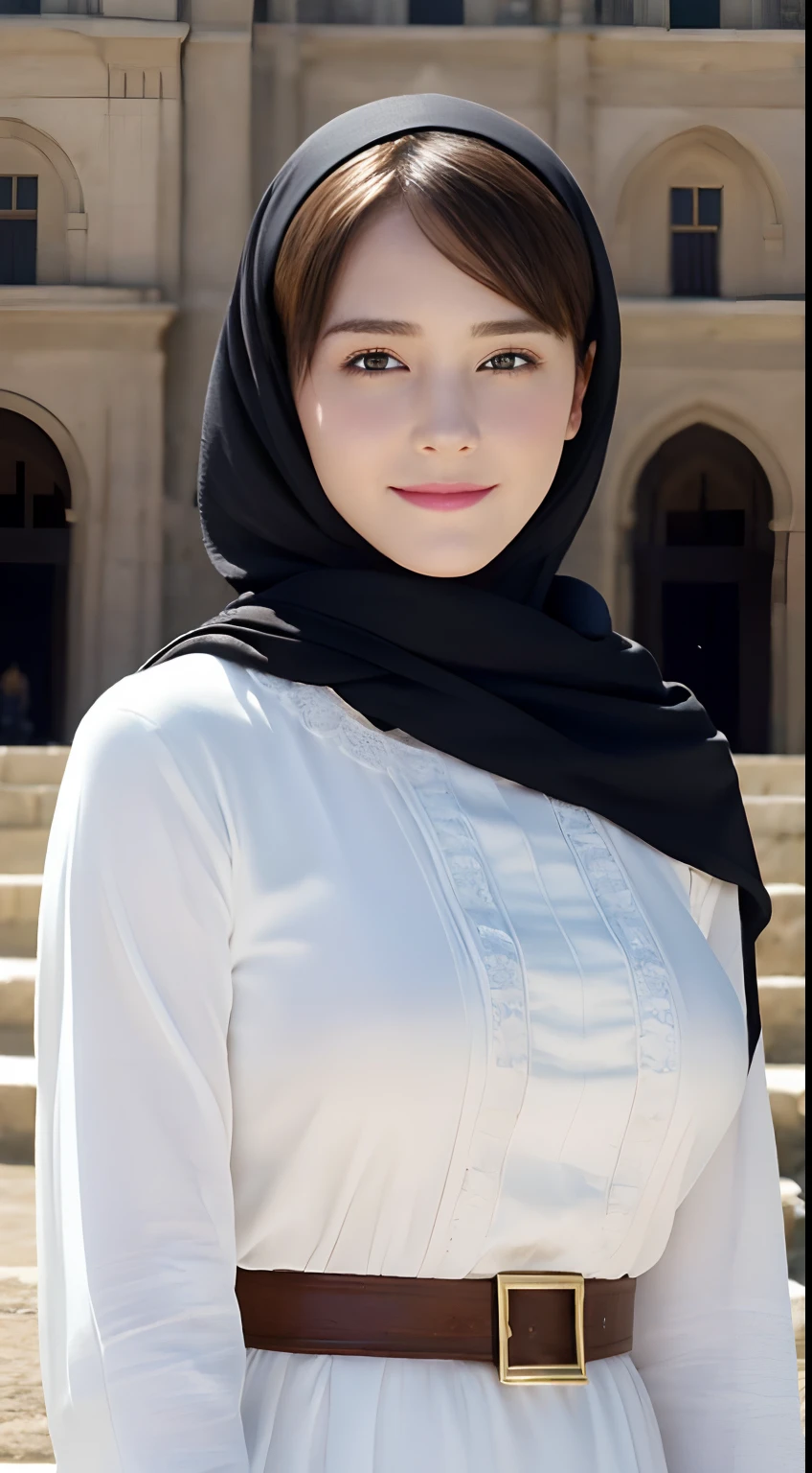(A hyper-realistic), (hight resolution), (8K), (ighly detailed),  (beatiful detailed eyes), (top-quality), (ultra-detailliert), (​masterpiece), (A detailed face), softfocus、face of emma watson、Colossal tits、japanes、Egypt、In front of the pyramids、Islamic clothing、hijab、A smile、full bodyesbian