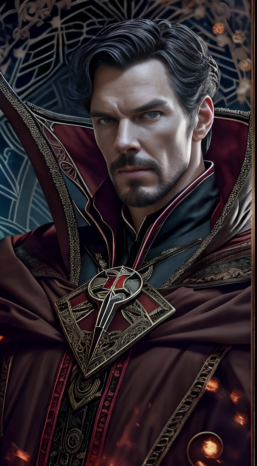 Marvel version of Doctor Strange portrait，（Benedict Cumberbatch：1.8）full-body portraits，Fighting posture，Vicious eyes，com rosto detalhado，Slightly vicissitudes， Award-winning photo、Bokeh、, surrealism, Cinematic lighting, shadowing, High details, High quality, Award-Awarded，（Wearing：black toga，Armed with a giant scythe，），(Hairstyles: with short black hair)，8k wallpaper,Ultra-detailed, Beautiful and aesthetically pleasing, tmasterpiece, best qualityer, (s fractal art: 1.3), （Background with：romanticism lain, volcanoes, Blood, pearls，magma,火焰, Libra, skulls, Hold the giant scythe，（ extremely detaile, ））dynamic angle, Cowboy shot, The most beautiful forms of chaos, Fauvistdesign, vivd colour, Vintage style，（zentangle，datura，Tangles，entangled）， (s fractal art: 1.3)，finely quality eyes，Right eyes，correct hand， delicated face，Correct body structure，