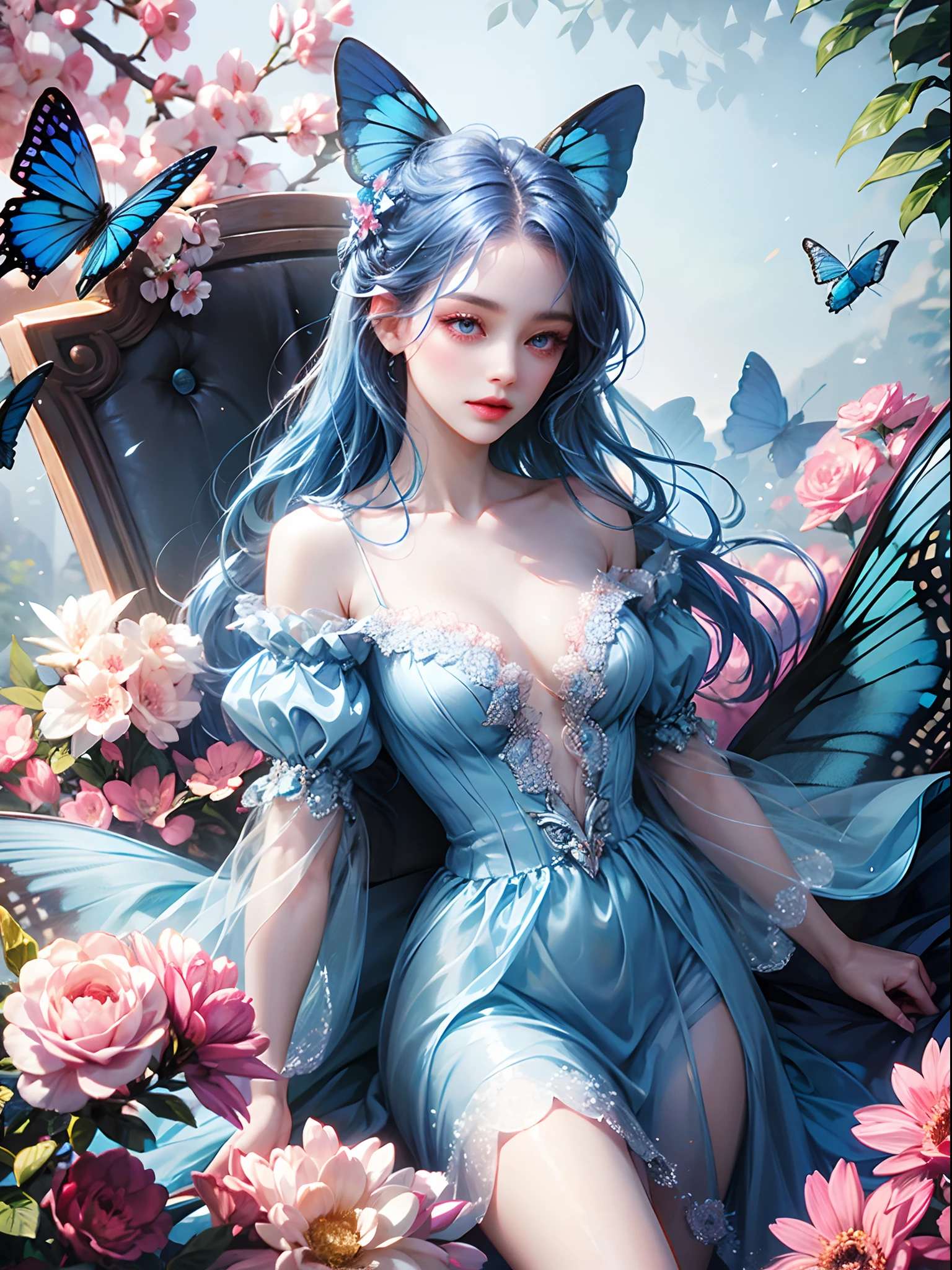a women, blue butterfly, blue hair, pink eyes, blue dress