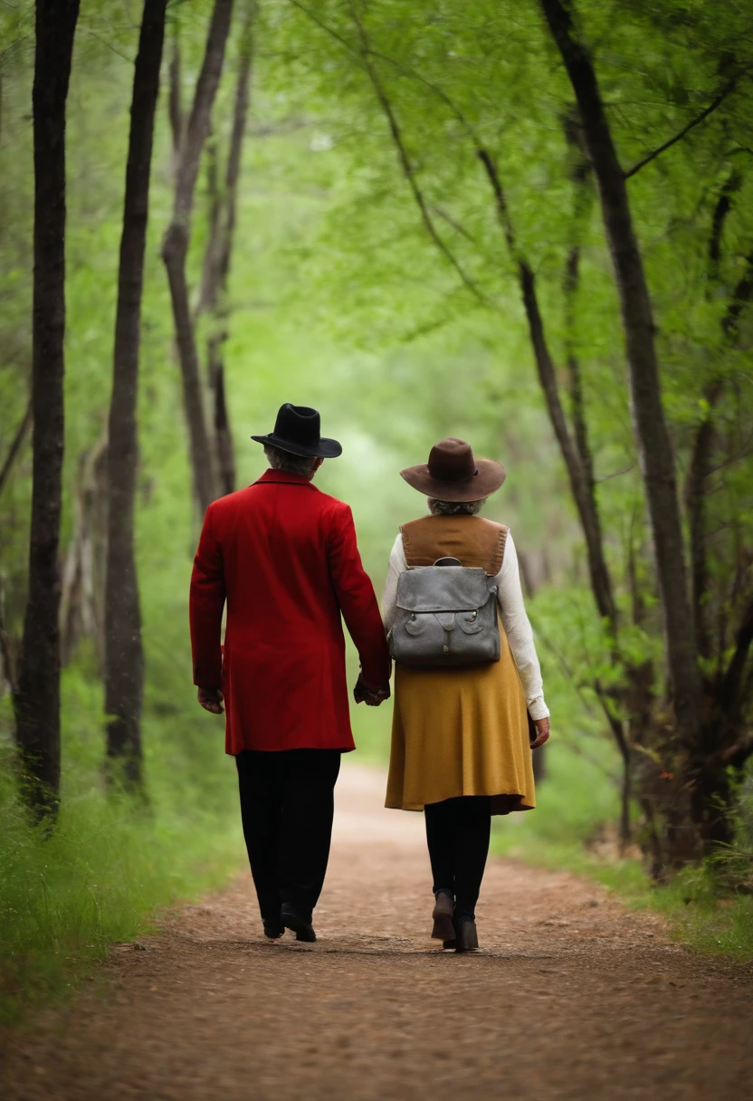 Una pareja caminando por el bosque. They are a 45-year-old man and a 45-year-old woman, contextura gruesa, cabellos oscuro, piel blanca. Ambos estan usando solamente una tanga color negro.
