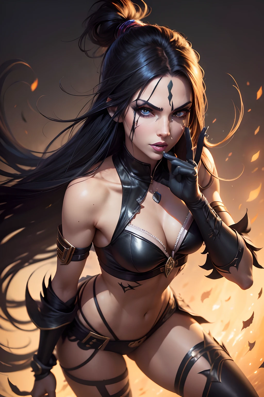realistic akali, in Helloween style, 8k resolution, (best quality: 1.1), (anatomically correct: 1.1), (perfect hand: 1.1 ), ( (Facial Detail: 1.3)), (Skin Detail), (Perfect Eyes), (Perfect Nose), (perfect hand fingers)