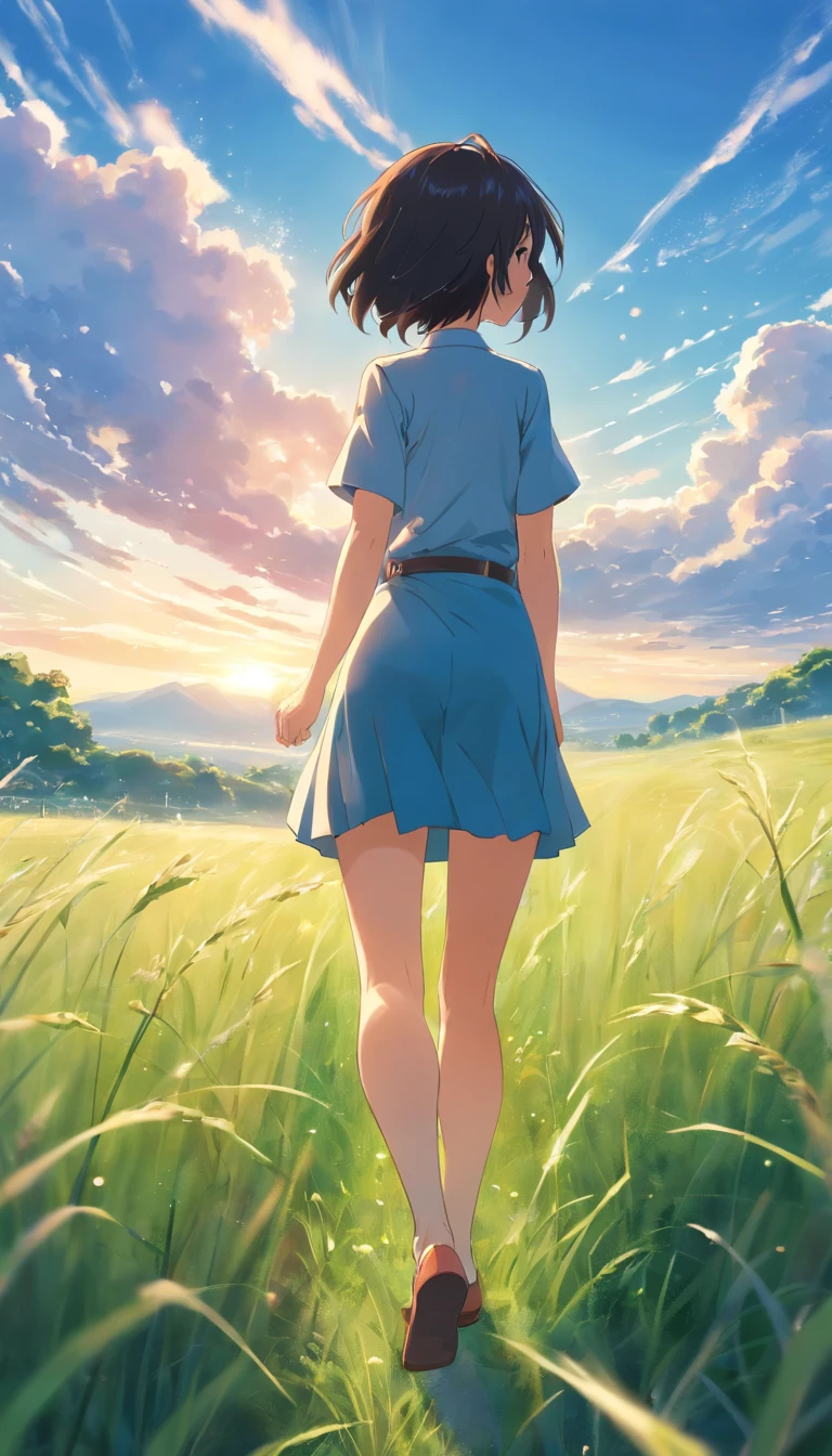 Fantastical　girl with　校服　kawaii　Rear view　Looks Back　laugh　Bare legged　grass field