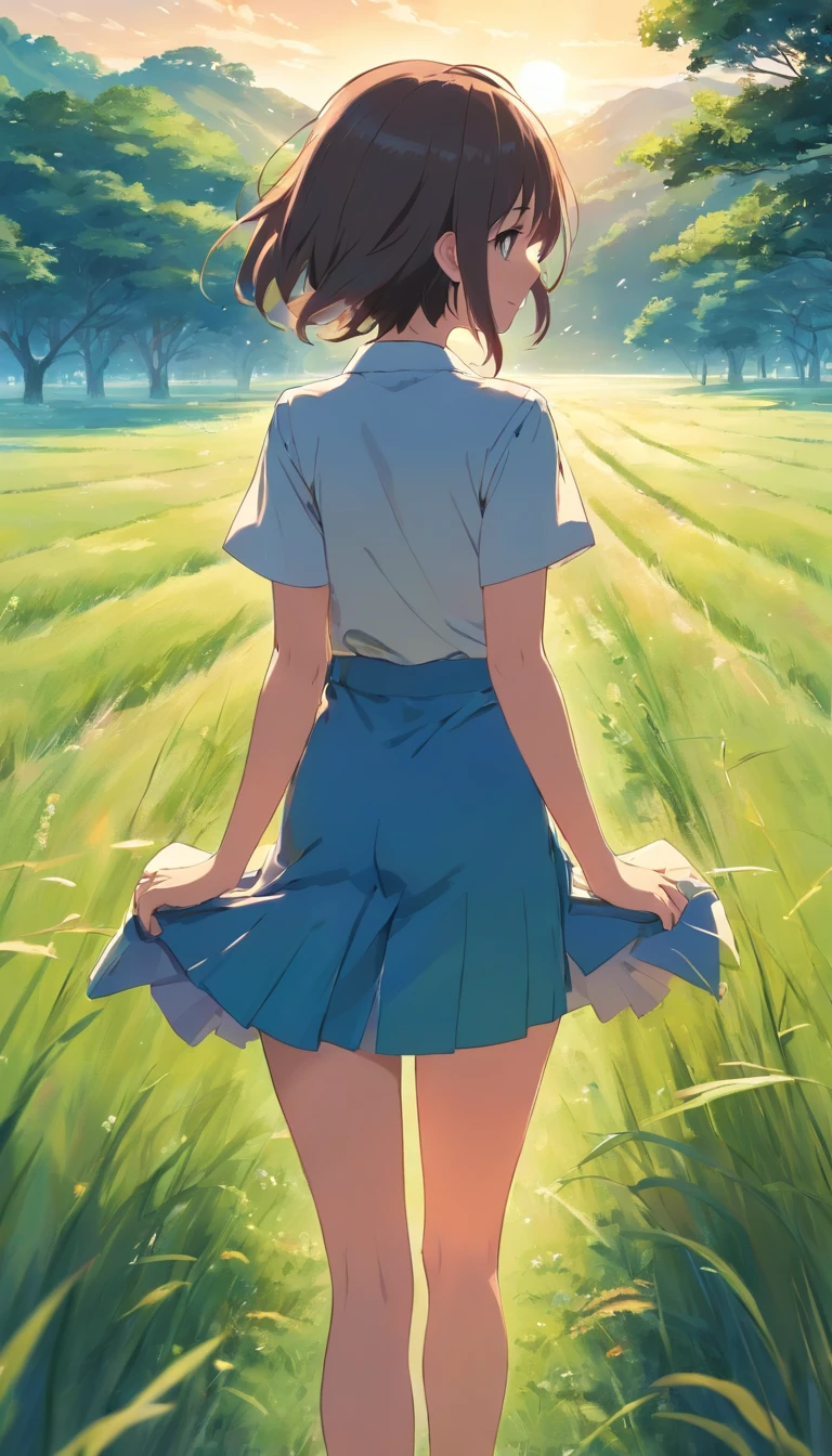 Fantastical girl with 校服 kawaii Rear view Looks Back laugh Bare legged grass field