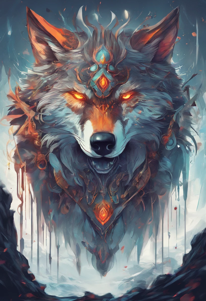 splashart, Wolf head, ((white backgrounid)), piercing eyes, Epic Instagram, artstation, splash style of colourful paint, contours, Ultra-detailed intricate details, unreal-engine, fantasy, intricately details, splash image, complementary colours, fantasy concept art, 8k解像度, Deviantart's masterpiece, oil painted, Restroke, paint drips, splashart,Black skin,White hair