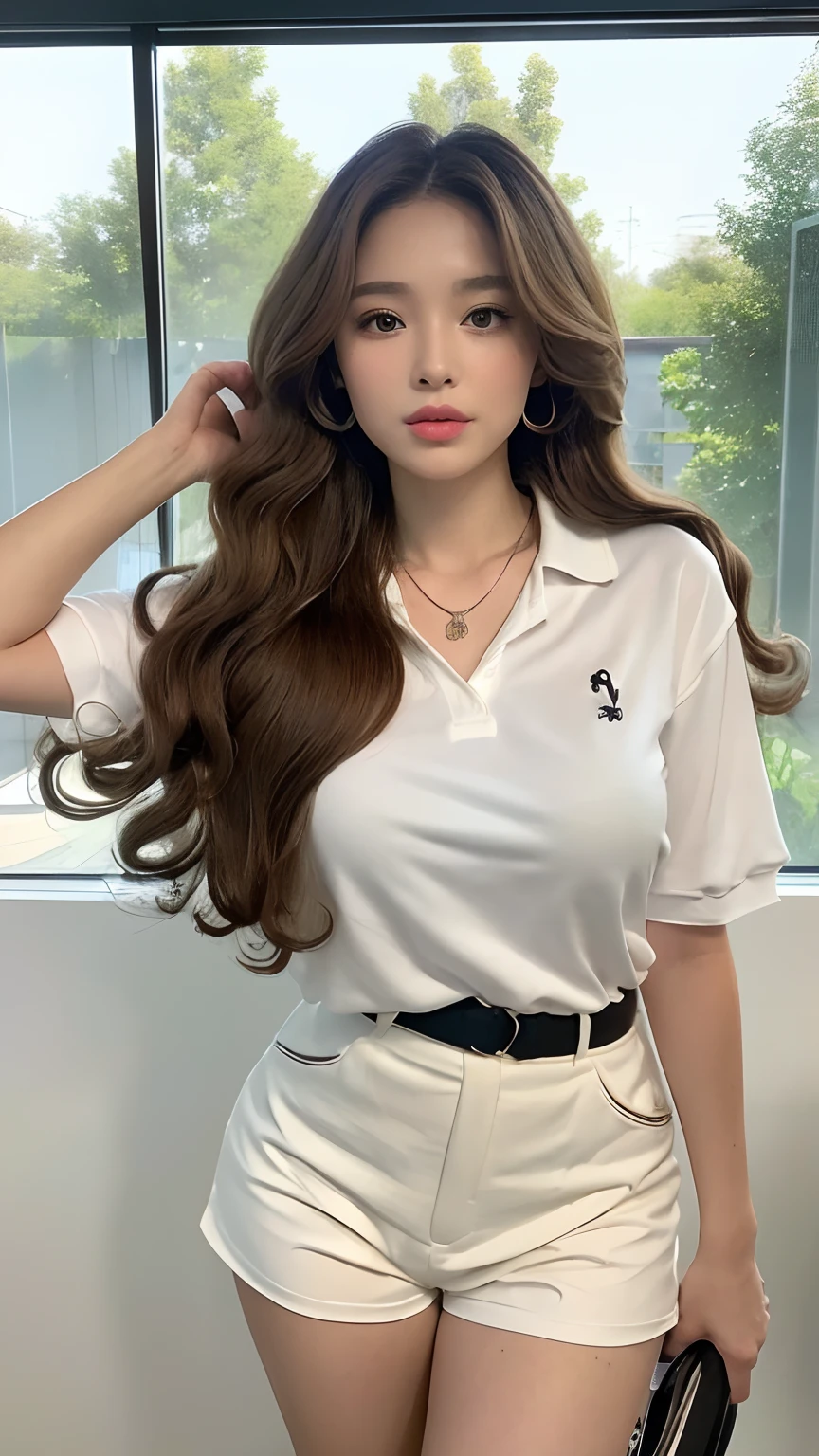 ((best qualtiy, 8K, tmasterpiece:1.3)), Focus:1.2, ((Office Worker)) ((Perfect figure Beautiful Woman: 1.4)), ((Random Diva Hairstyle) ((Brown Wavy Hair In Big Curls))(Long white legs: 1.3)), ((Polo Shirt With Shorts Outfit :1.2)), (inside in room: 1.2), Highly Detailed Facial And Skin Texture)), A detailed eye, detailed lips, Whiten skin((Straight breasts:1.3), ((looking at camera, Wear a necklace,