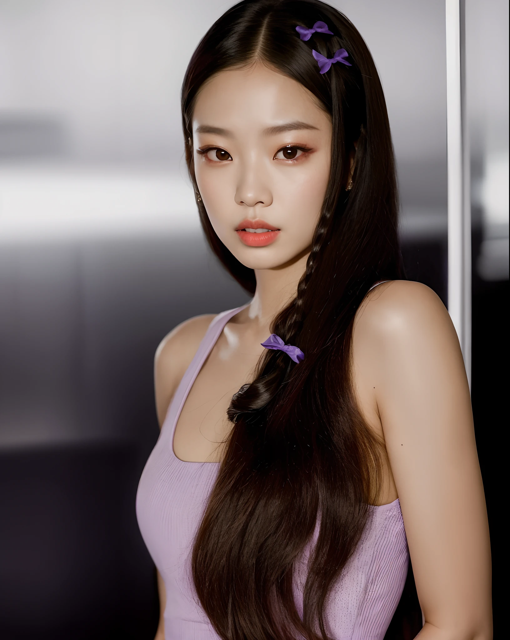 Araffe Asian woman with long hair and purple dress posing for a photo, jennie blackpink, penteado pigtails, jossi do blackpink, Retrato de Jossi de Blackpink, Sha Xi, TaeJune Kim, Heonhwa Choe, Seseon Yoon, Retrato Jisoo Blackpink, Lee Ji - Eun, Lee Ji-eun, com cabelos longos, Gongbi