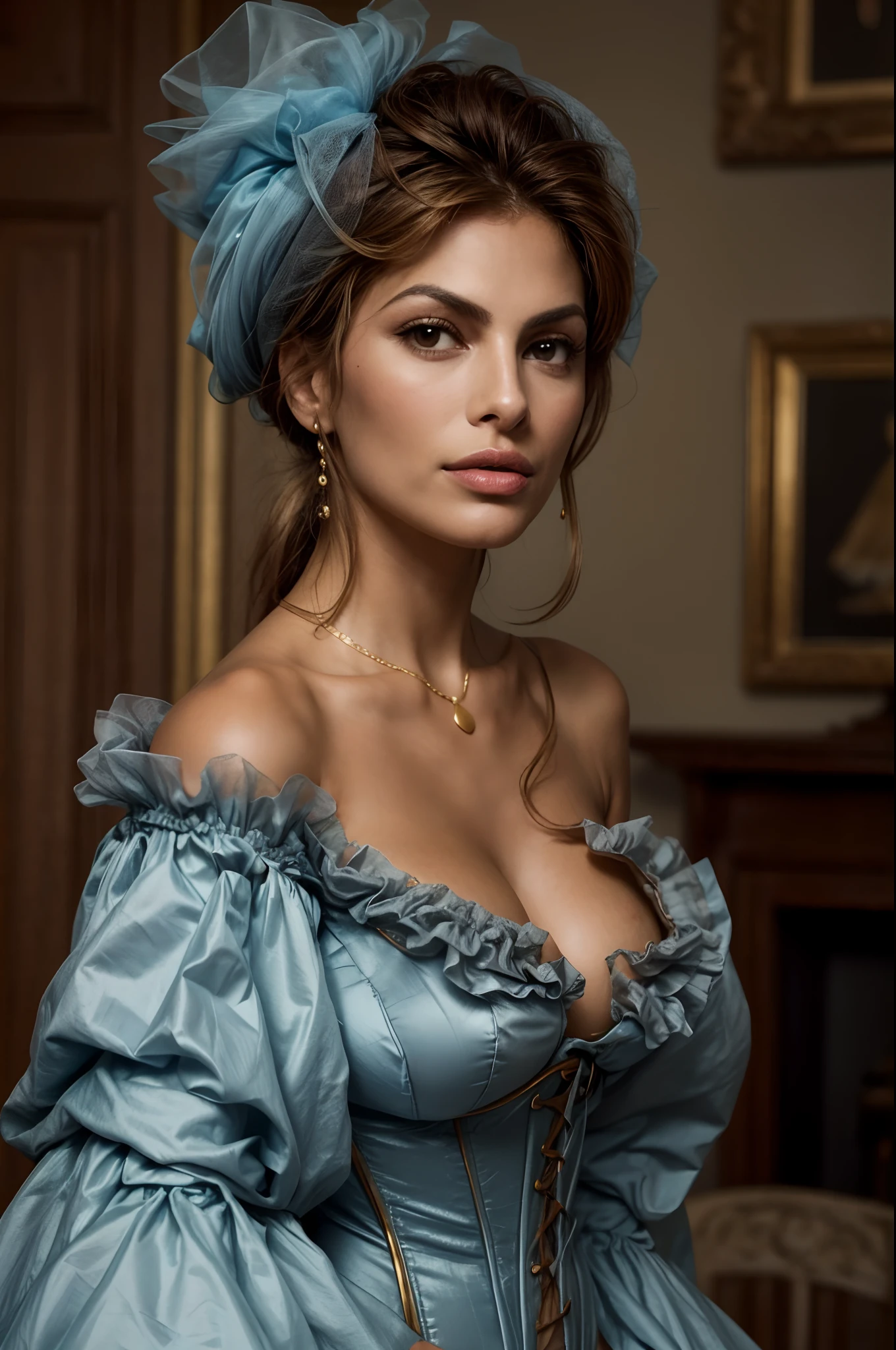 Realistisches Farbfoto einer Frau (Eva Mendes), Woman wearing a light blue corset with ruffles, Woman wearing fine gold necklace, Woman has a sensual seductive look, Hochdetaillierte Gesichts- und Hautstruktur, Detaillierte Augen, Doppeltes Augenlid, tan skin, sexy, tan, dunkle Haut, tanned body, bared shoulders, Dekolleté