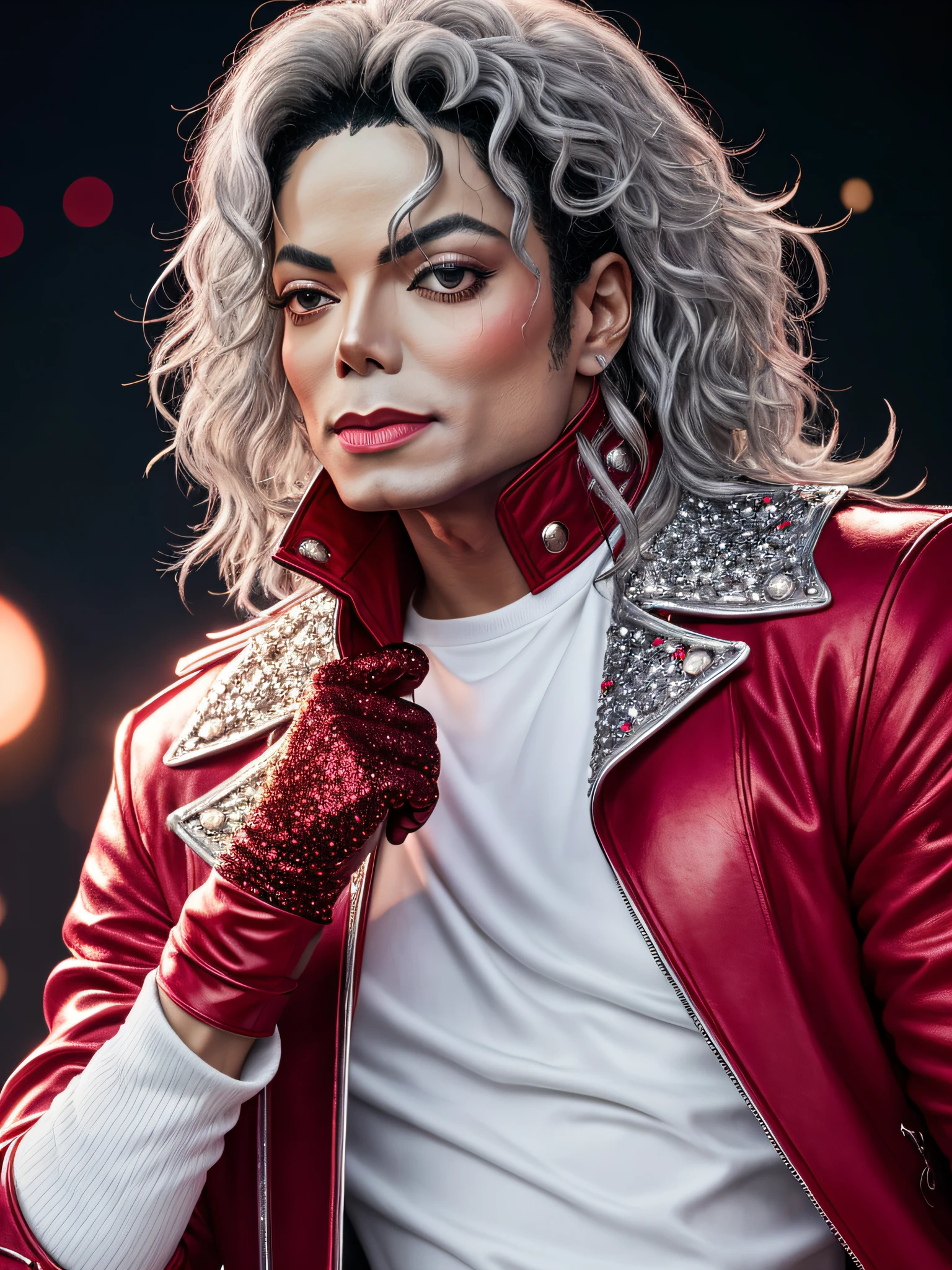 Michael Jackson, com uma jacketa vermelha, With a glitter silver glitter glove in her hand, modelo, cinematic style Sony A7rlll, imagem estilizada, qualidade UHD.