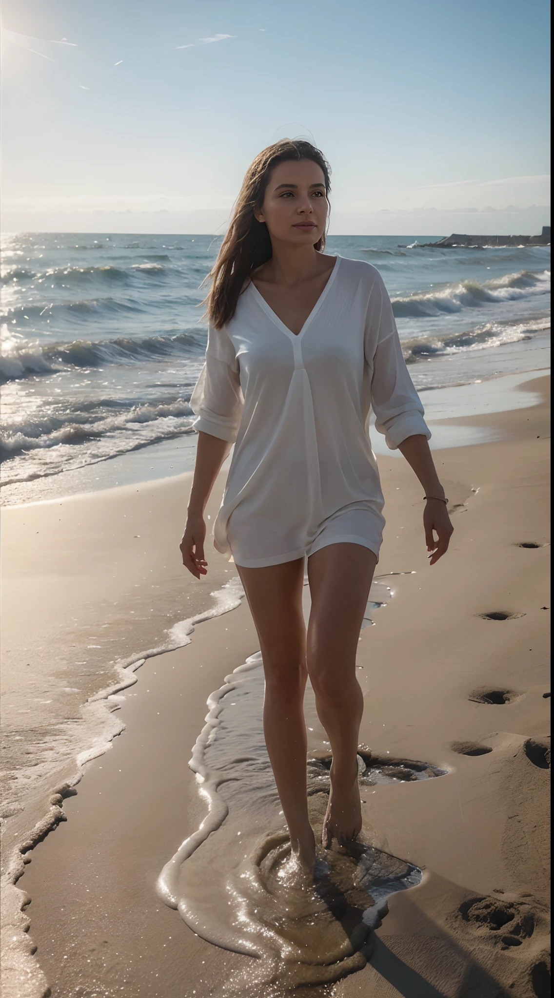 Magnifique femme se promenant au bord de la mer. There is sand and scum. This image is so real that you feel like you're in it. Hyper Realistic Photo Realism. The details of the woman can be seen very clearly
