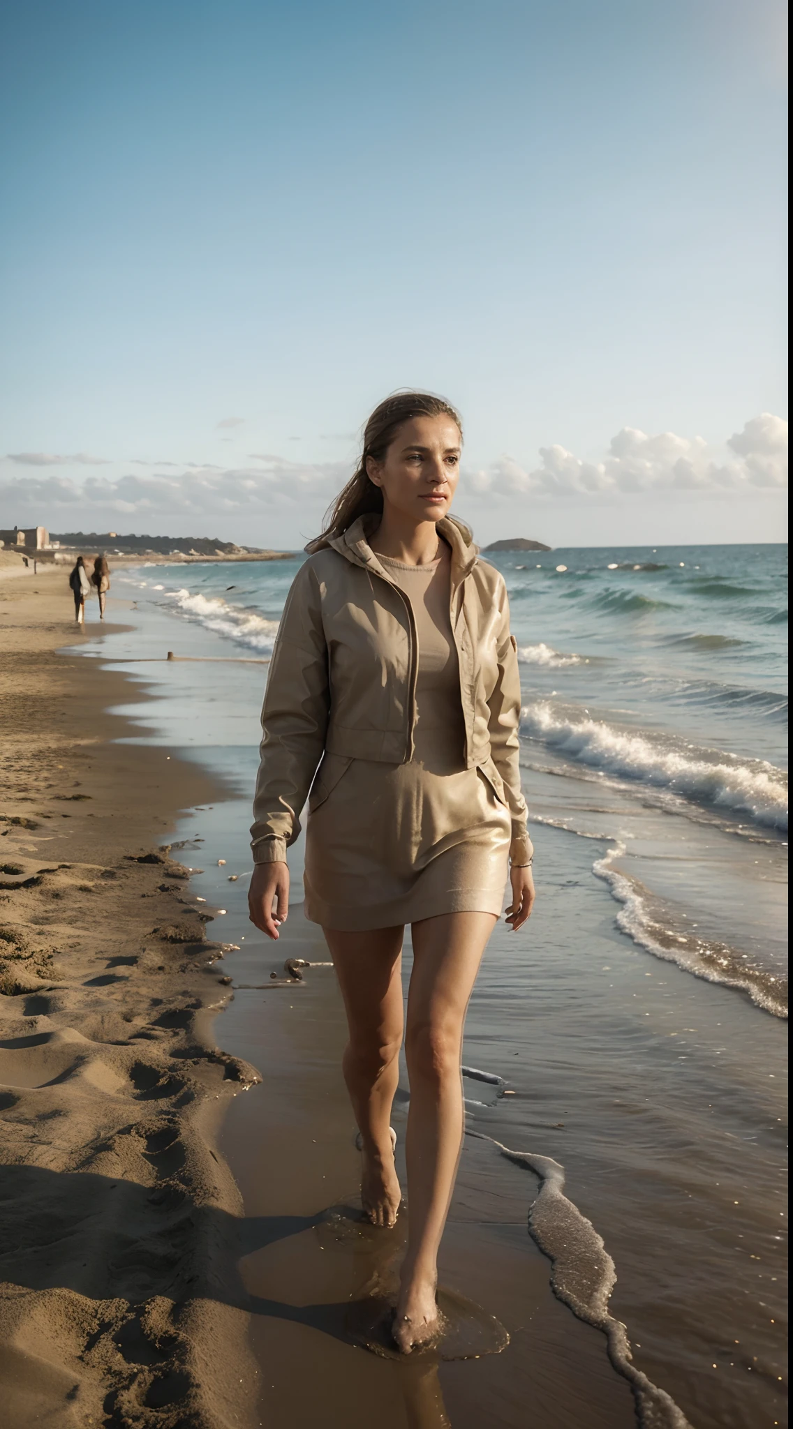 Magnifique femme se promenant au bord de la mer. There is sand and scum. This image is so real that you feel like you're in it. Hyper Realistic Photo Realism. The details of the woman can be seen very clearly