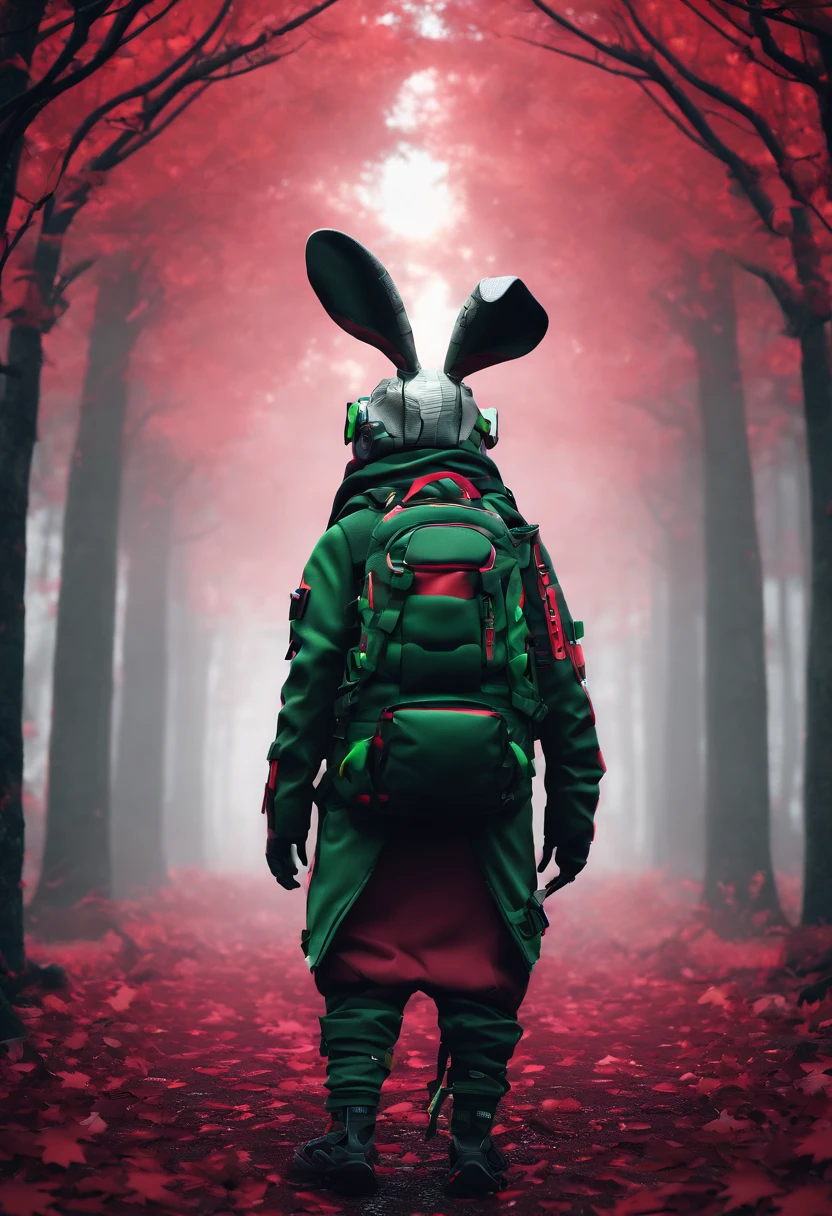 3D rendering of (An adventurous rabbit stands on the path between the autumn leaves), (Lateral face:1.37)hairy, Green bright rabbit, (Binoculars hanging from your chest:1.37), Green fashion adventure clothing,green shorts, Wear red hiking boots on your feet,, cute ears, (Red and green berets:1.34),Red and green camping hats, (Carry a green backpack with you), (trowels), (camping equipment, )Related to many adventurous tools,(compass:1.37),
Curious to explore expressions, Cartoon, 4D, Fox,
Background: Autumn Leaf Forest Trail Red Forest, autumn forest, red illuminating fog, In a red dream, really beautiful forest, Beautiful forest, Beautiful hazy wood, Red shade spray, Breathable and beautiful trees, breath-taking beautiful trees, red fog, beautiful forests and trees, Bright but dark red, red trees,{{Masterpiece}},{{{Best quality}}},{{Ultra-detailed}}, {{{illustration}}},{{Disheveled hair}},concept art of character,Game scene graph,Clear facial features,close up photograph,Photography,postapocalyptic,Masterpiece,archviz/building rendering,Quixel Megascans Render,corona rendered,rendering by octane,v-ray,High detail,hyper qualit,high resolution,trending on artstationh,hyper photorealism,surrealism,HD,8K tilt shift,Long shot,Split Lighting,