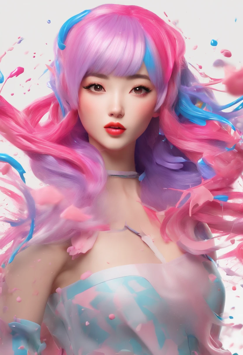 (Masterpiece, Best Quality, High Resolution), White Background, ((Paint Splash, Color Splash, Splash of Ink, Color Splash)), Sweet Chinese Girl, Rainbow Hair, Pink Lips, Front, Upper Body,Long hair(rainbow)