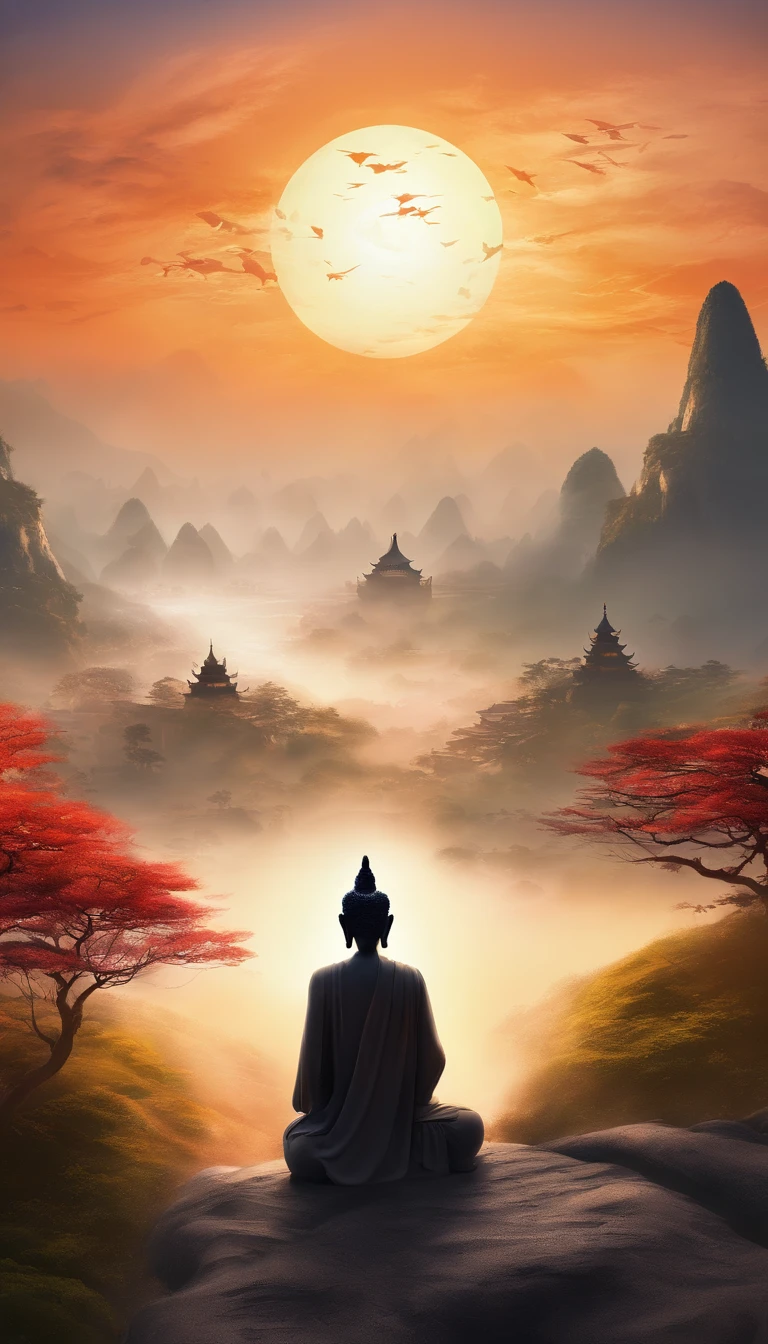 China-style，In the distance, A huge tall Buddha statue stands in space，Gaze at the earth，Standing Buddha statue，with light glowing，Glow effects，Pilgrims on the road，Hyper-realistic，Ultra photo realsisim，Real Photographics，8K，High definition，high qulity，Works of masters，super-fine，Chinese black and white ink style，（（（white colors））），Decolorization，Smudge，ink，8K，super-fine，high qulity，（（（OC renderer）））