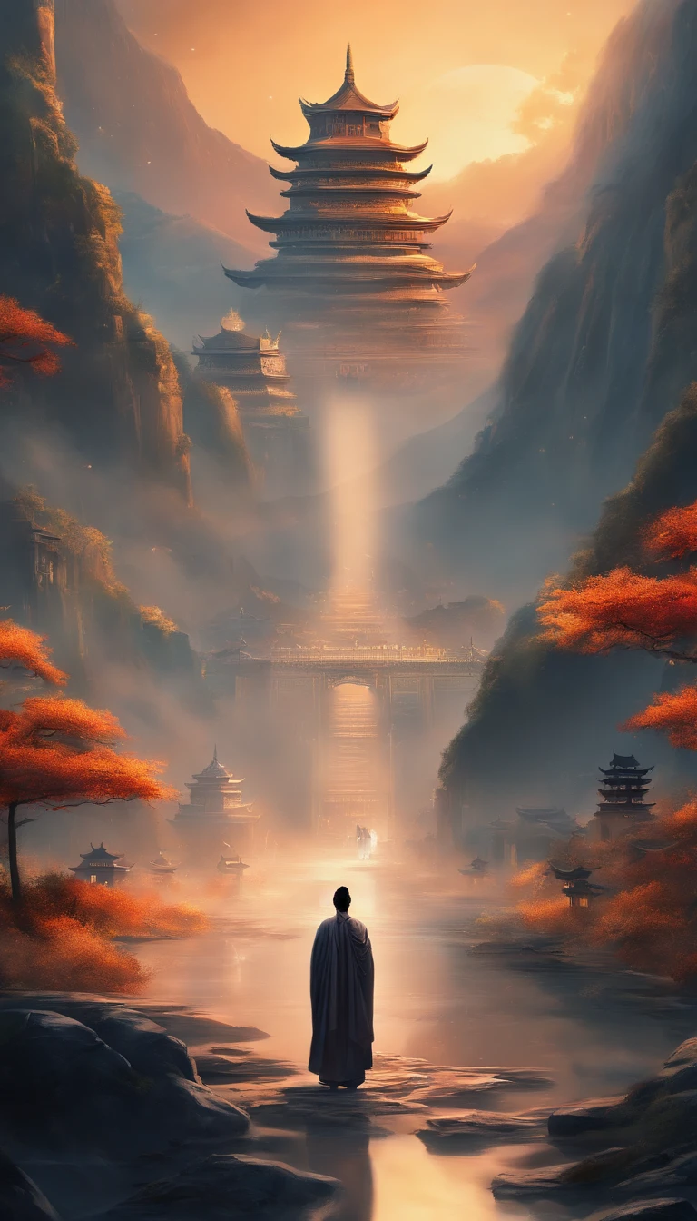 China-style,In the distance, A huge tall Buddha statue stands in space,Gaze at the earth,Standing Buddha statue,with light glowing,Glow effects,Pilgrims on the road,Hyper-realistic,Ultra photo realsisim,Real Photographics,8K,High definition,high qulity,Works of masters,super-fine,Chinese black and white ink style,(((white colors))),Decolorization,Smudge,ink,8K,super-fine,high qulity,(((OC renderer)))
