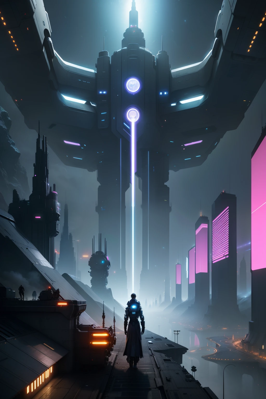 Fantasy Technology Future Technology Dream City,Spaceships fly in the sky,Robots are everywhere,Mechanical City,cyber punk perssonage,Starship,Interstellar