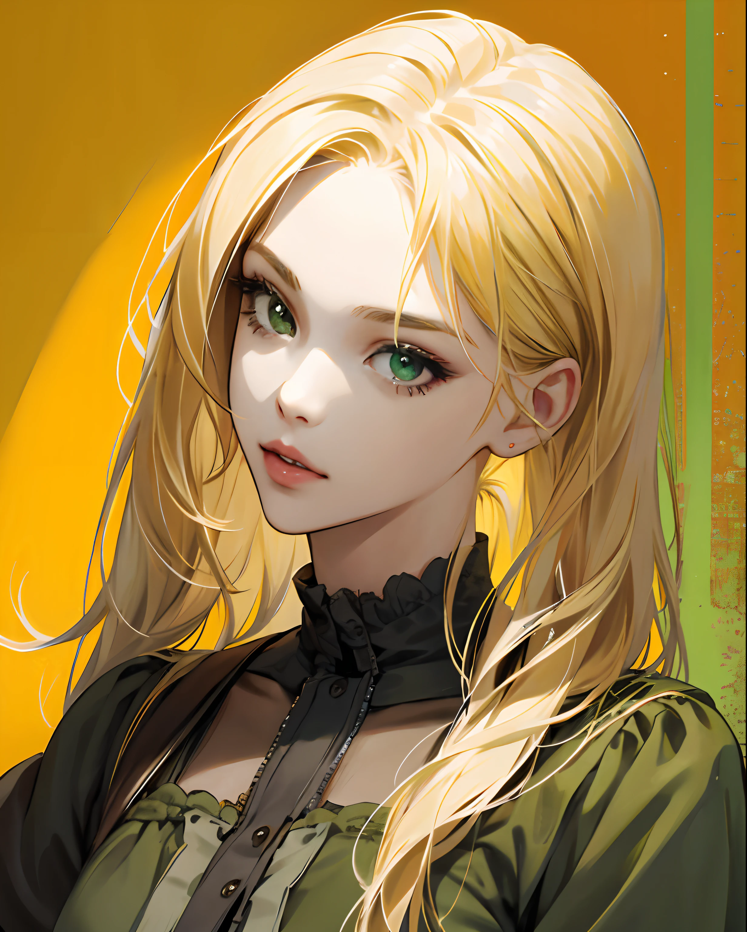 Chica rubia, joven, linda, perfecta, cabello por debajo de los hombros, ojos verdes. Realista, Contemporary World