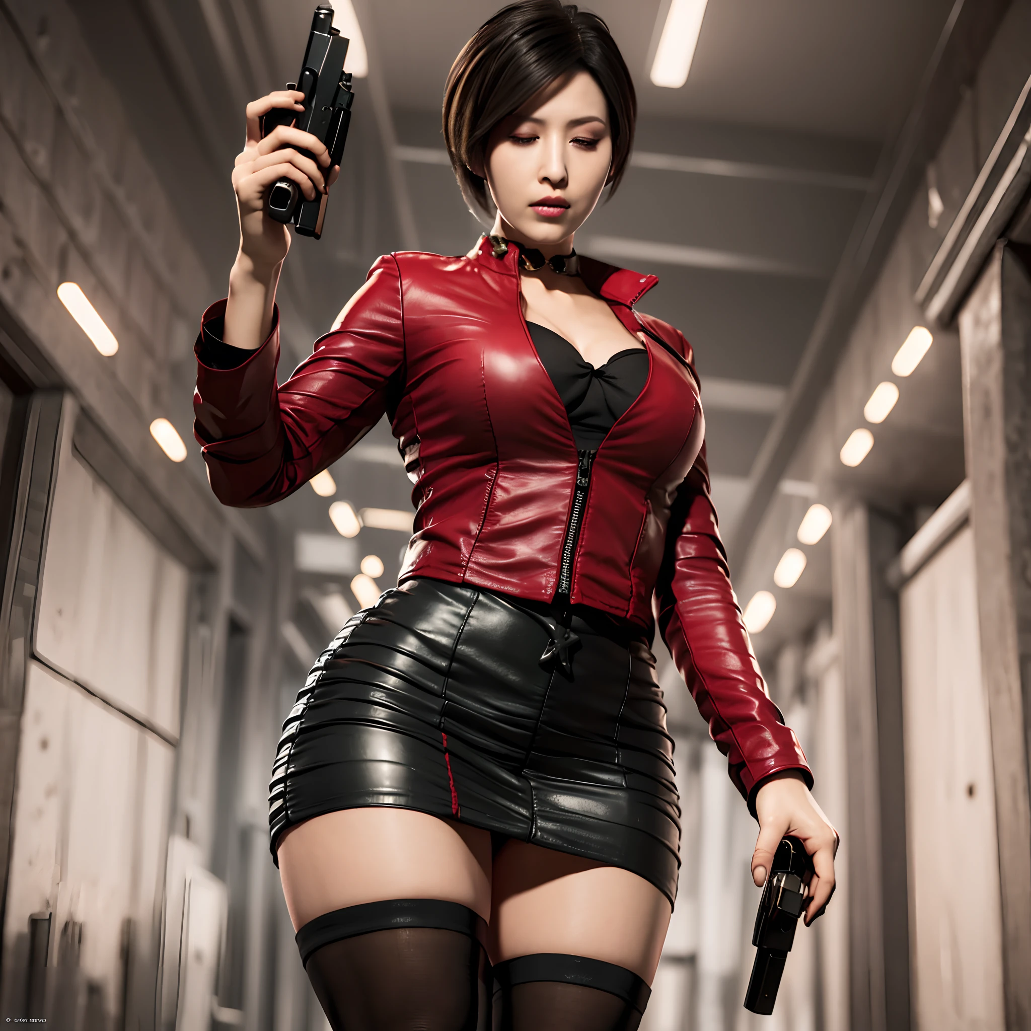 (masterpiece:1.2, Best Quality:1.2), ((Ada Wong, super beautiful woman)), Resident evil, (Red jacket, Leather jacket, Erotic pantyhose, pantyhose, Ultra mini skirt, Leather skirt, Gun belt), in cave, (ultra gigantic tits:1.8, yawn and closed eyes), Detailed face, Detailed skin texture, Perfect slim body, Look up at her from below,