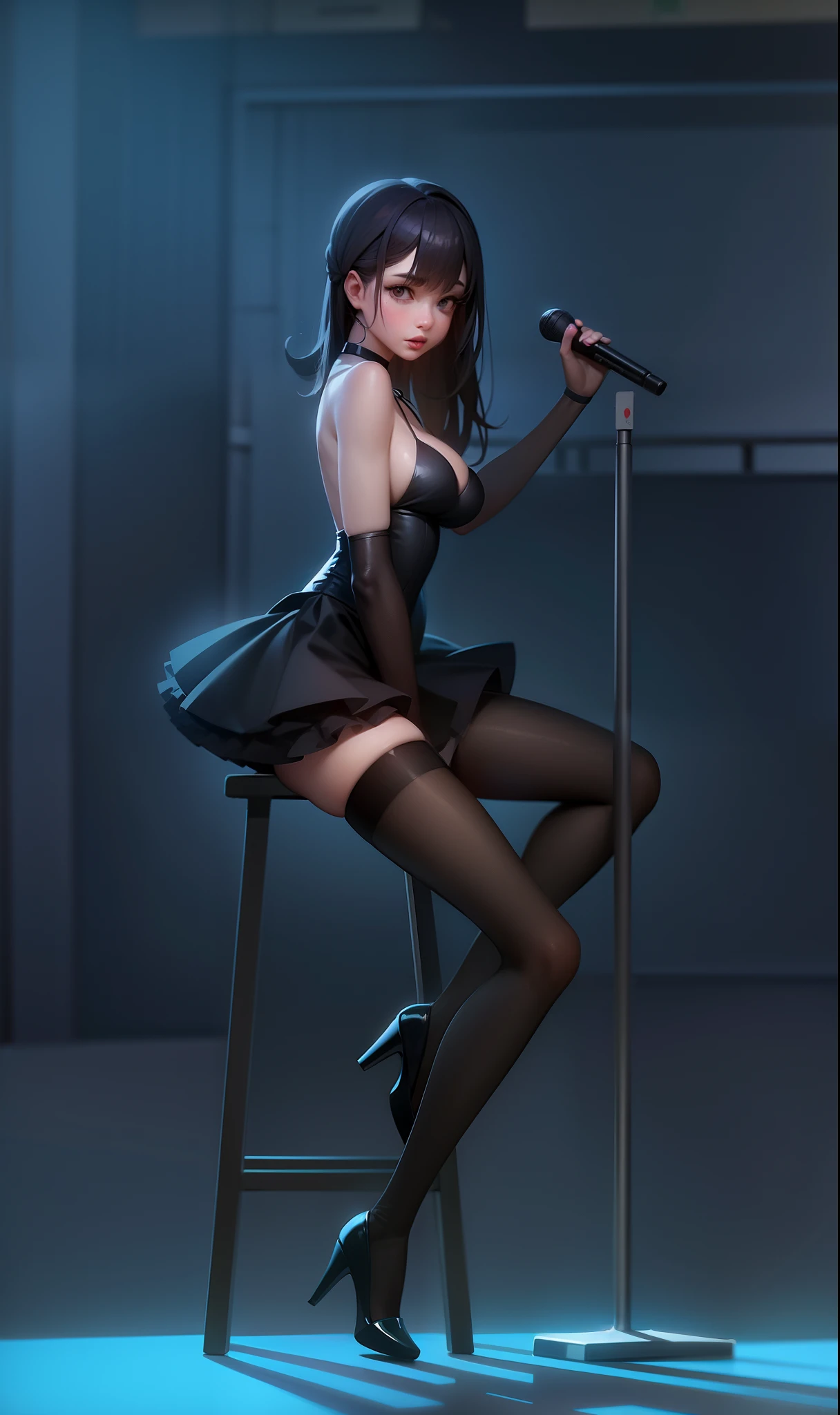 Cartoon girl sitting on a stool，holding microphone in hand, Anime girl wearing black dress, Digital art on Pixiv, [ 4 K digital art ]!!, seductive anime girls, anime moe art style, trending on cgstation, Marin Kitagawa fanart, commission for high resolution, Guviz-style artwork, Full body CGsociety