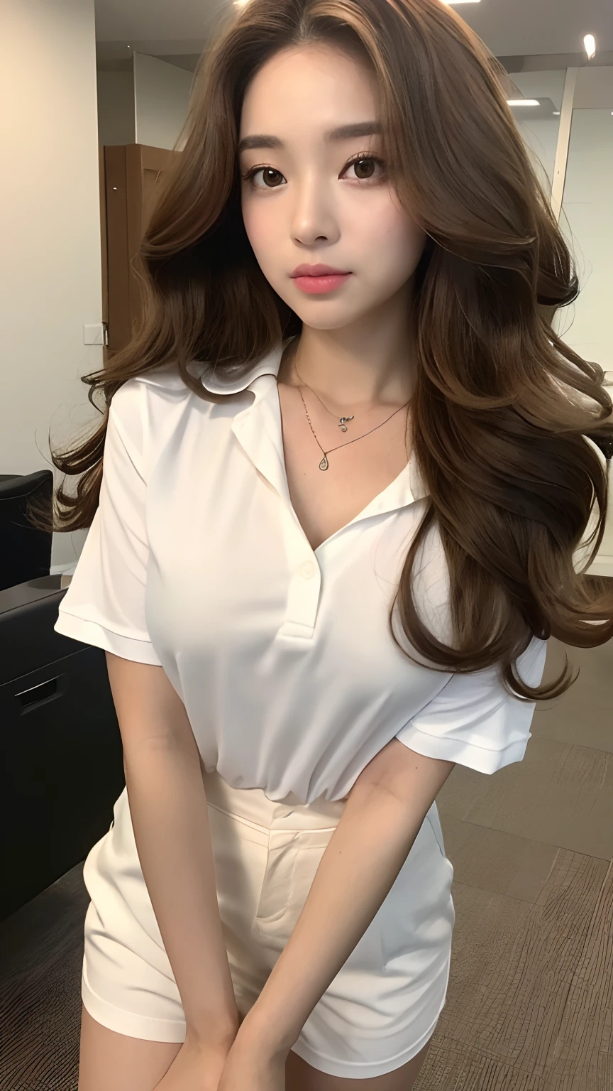 ((best qualtiy, 8K, tmasterpiece:1.3)), Focus:1.2, ((Office Worker)) ((Perfect figure Beautiful Woman: 1.4)), ((Random Diva Hairstyle) ((Brown Wavy Hair In Big Curls))(Long white legs:1.3,(Polo Shirt With Shorts Outfit :1.2) , (inside in room: 1.2), Highly Detailed Facial And Skin Texture)), A detailed eye, detailed lips, Whiten skin((Straight breasts:1.3), ((looking at camera, Wear a necklace,