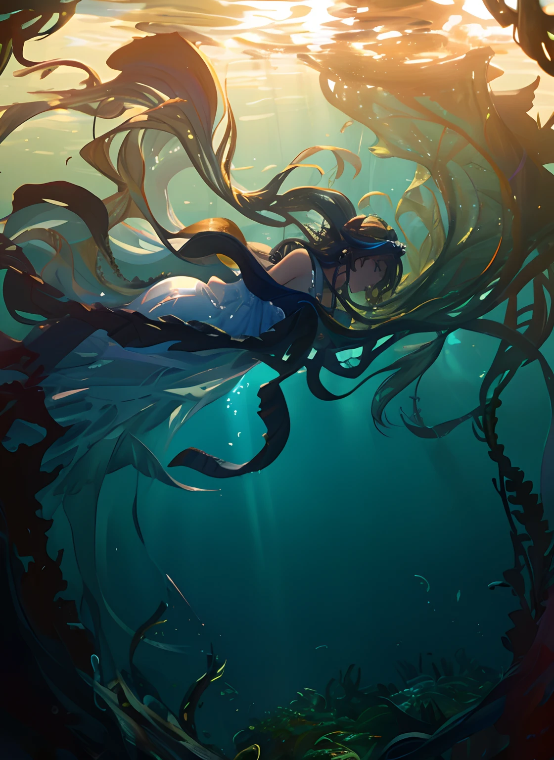 swimming, messy hair, flowing dress, kelpweed sea, best quality, ultra-detailed, realistic, vivid colors, studio lighting
