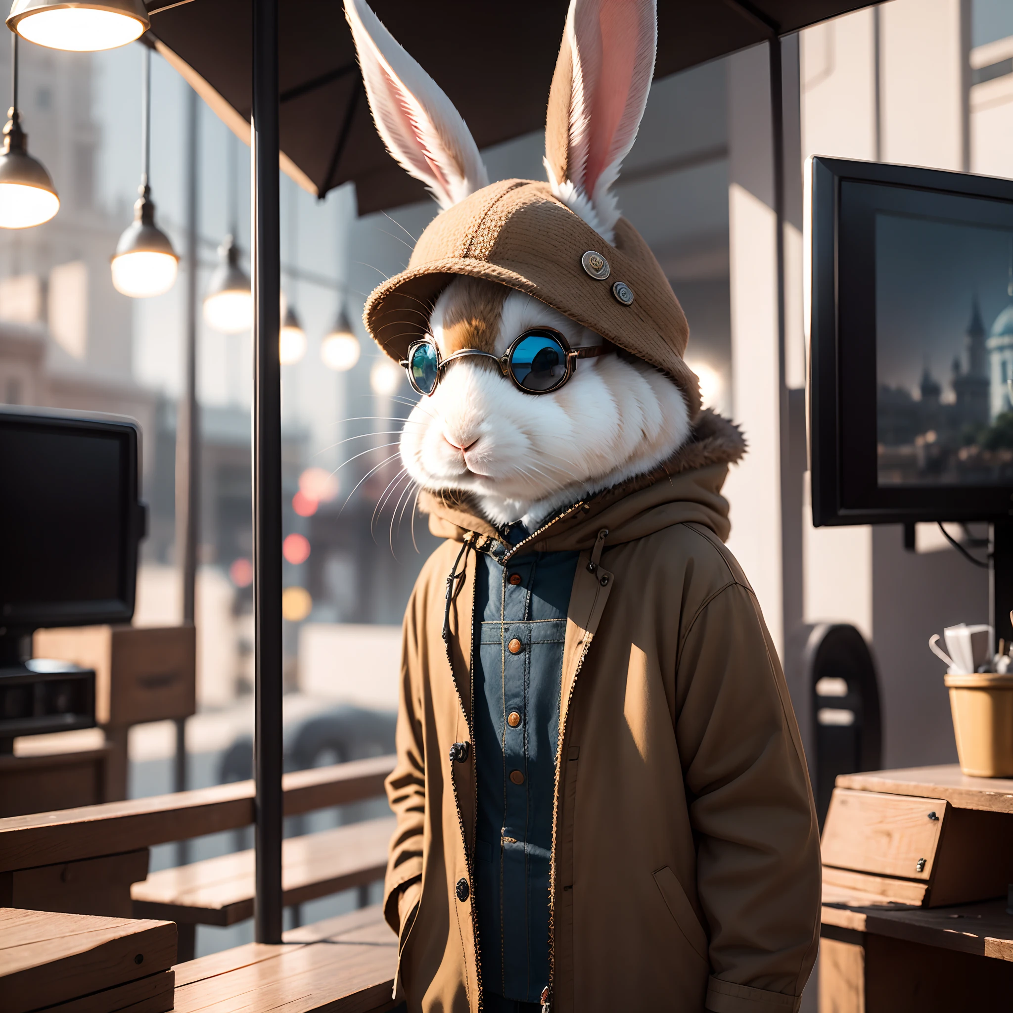 rabbit，A well-equipped little white rabbit，Solo,jungle setting，Film and television lighting，furry bunny，The forehead is decorated with sunglasses，Silver pen drawings，Clear fur，Global close-up，first person perspective，Gloomy jungle，huge castle，Close-up of puzzled expressions，the sideview，Local light source，