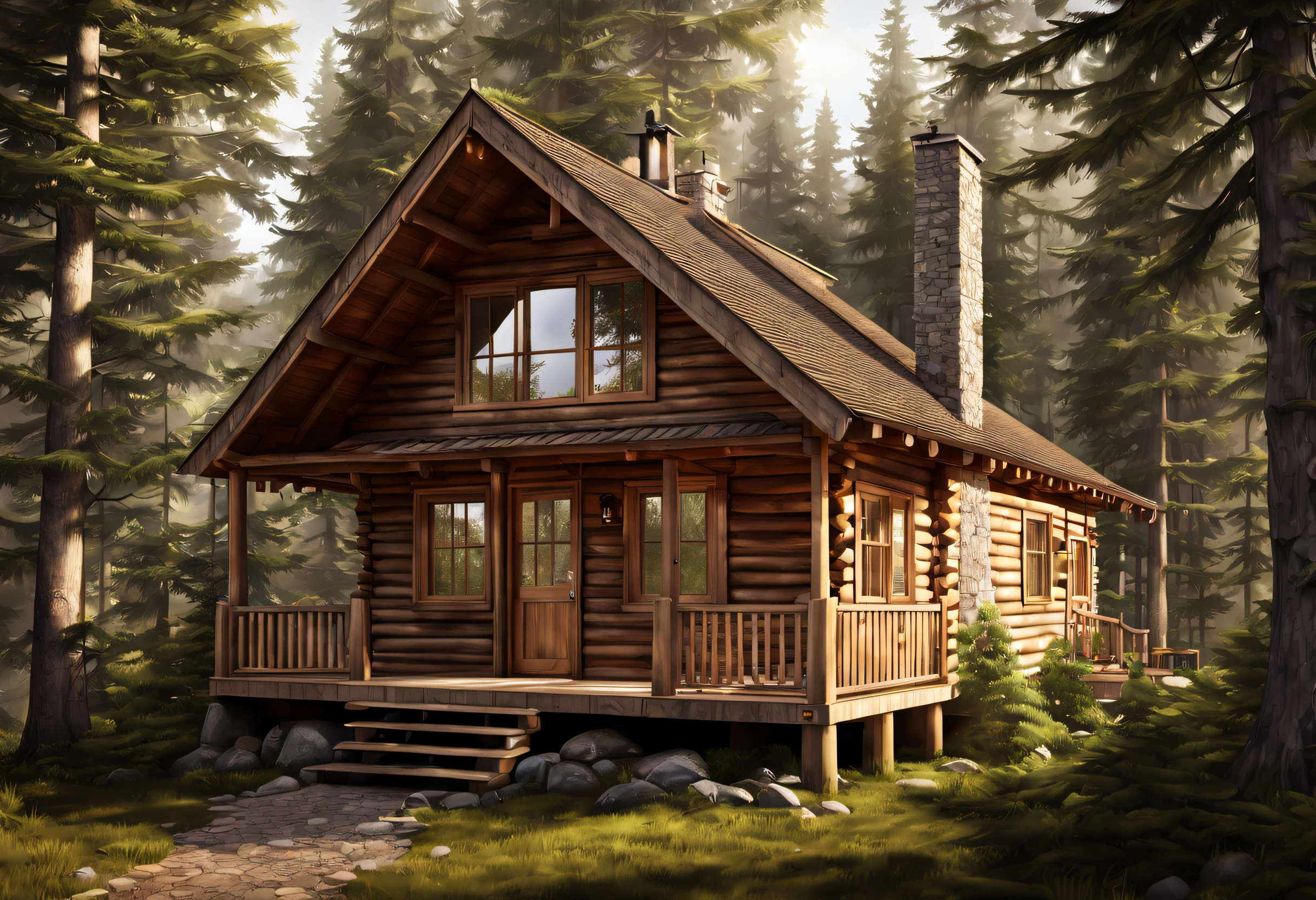 (best quality, 4k, 8k, high resolution, masterpiece: 1.2), ultra detailed, (realistic, photorealistic, photorealistic: 1.37), small wooden cabin with porch in the forest, very quiet area, full floor, artwork masterpiece, well designed modern rustic masterpiece, image from outside, exquisite masterpiece, distant shot from the front, bottom angle
