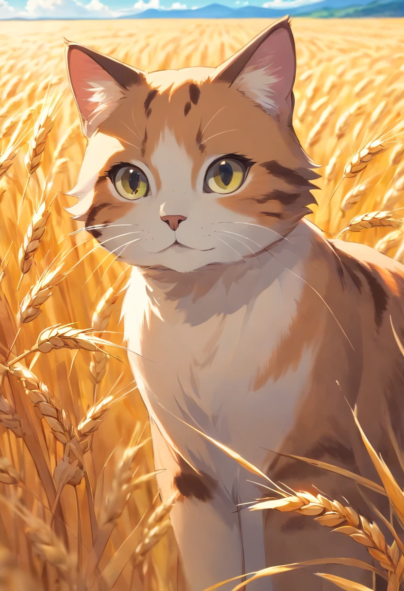 A round-eyed cat in a golden wheat field.The background is blue sky, Far Mountain.