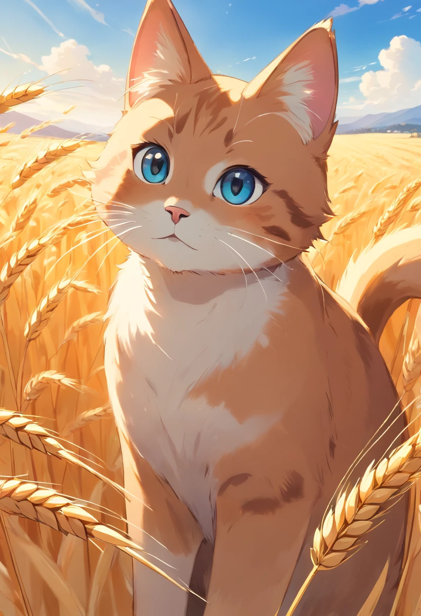 A round-eyed cat in a golden wheat field.The background is blue sky, Far Mountain.