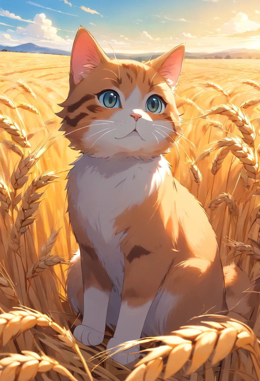 A round-eyed cat in a golden wheat field.The background is blue sky, Far Mountain.