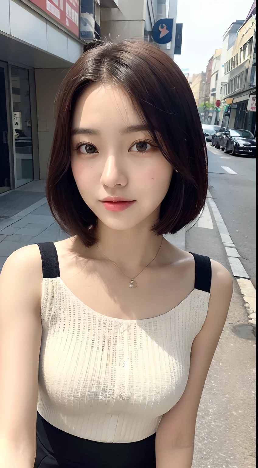 ((Best quality, 8K, Masterpiece :1.3)), Sharp focus :1.2, perfect figure beautiful woman:1.4, Slim abs:1.2, ((Short hair in layers, mischievous expression:1.2)), (Tank top shirt:1.1 ), (shopping centre:1.2), Highly detailed facial and skin texture, A detailed eye, 二重まぶた