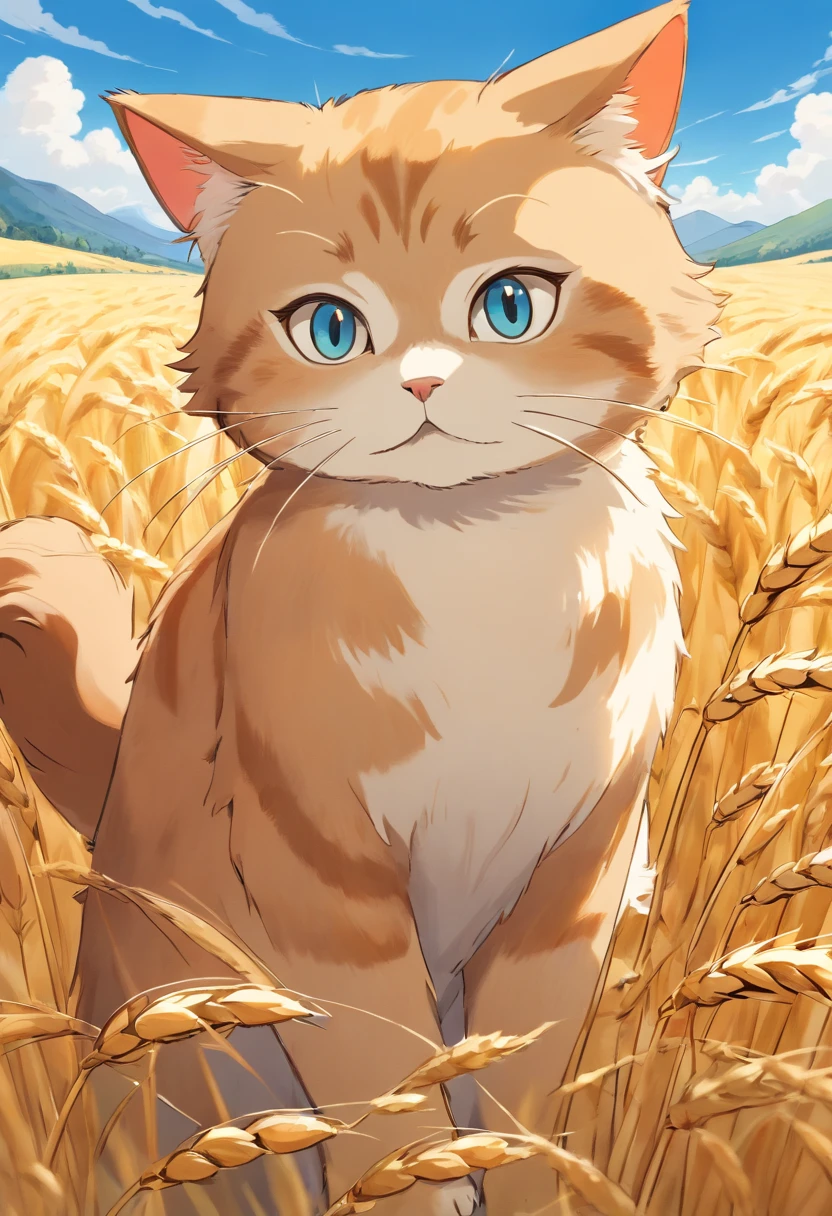 A round-eyed cat in a golden wheat field.The background is blue sky, Far Mountain.