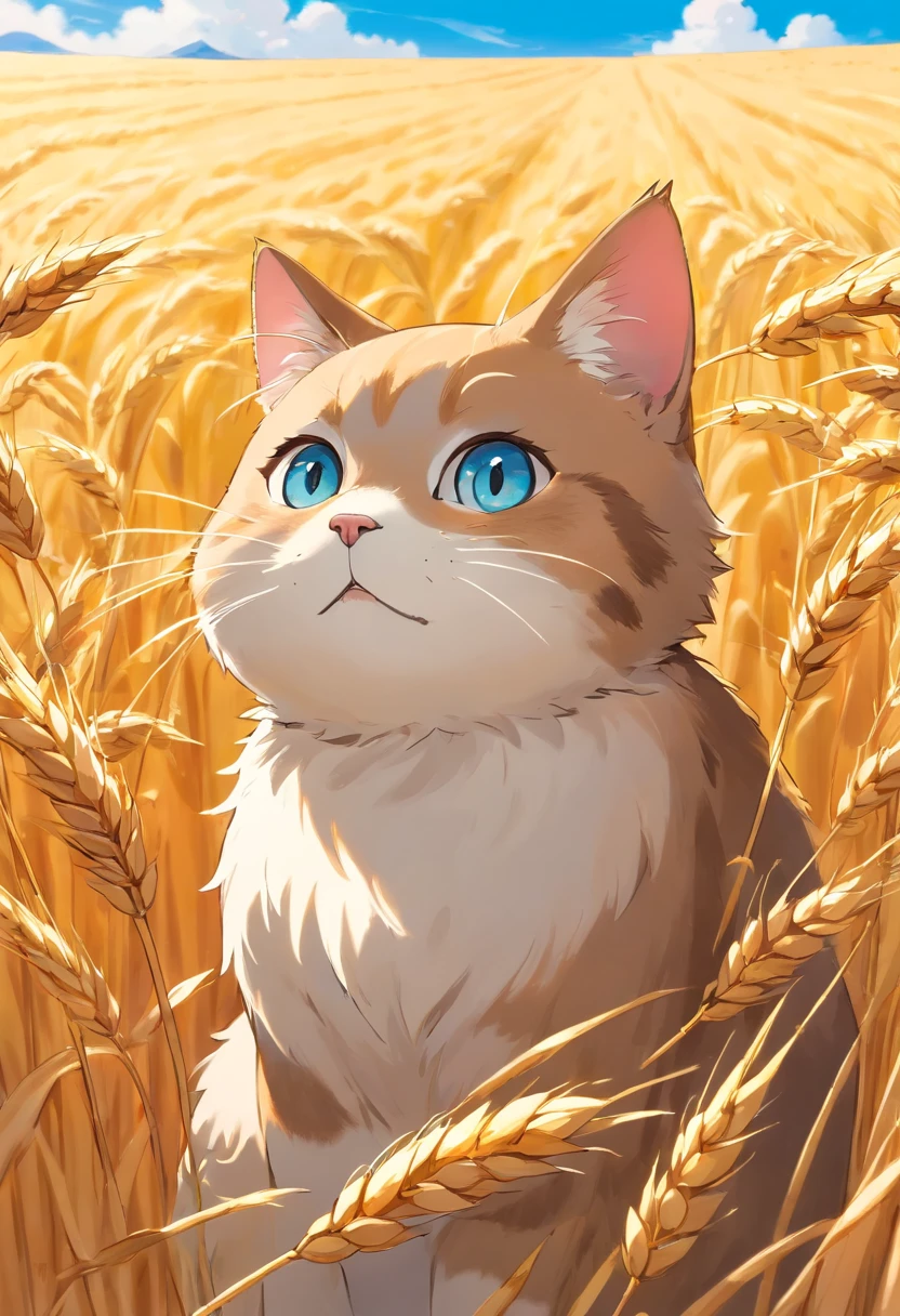 A round-eyed cat in a golden wheat field.The background is blue sky, Far Mountain.