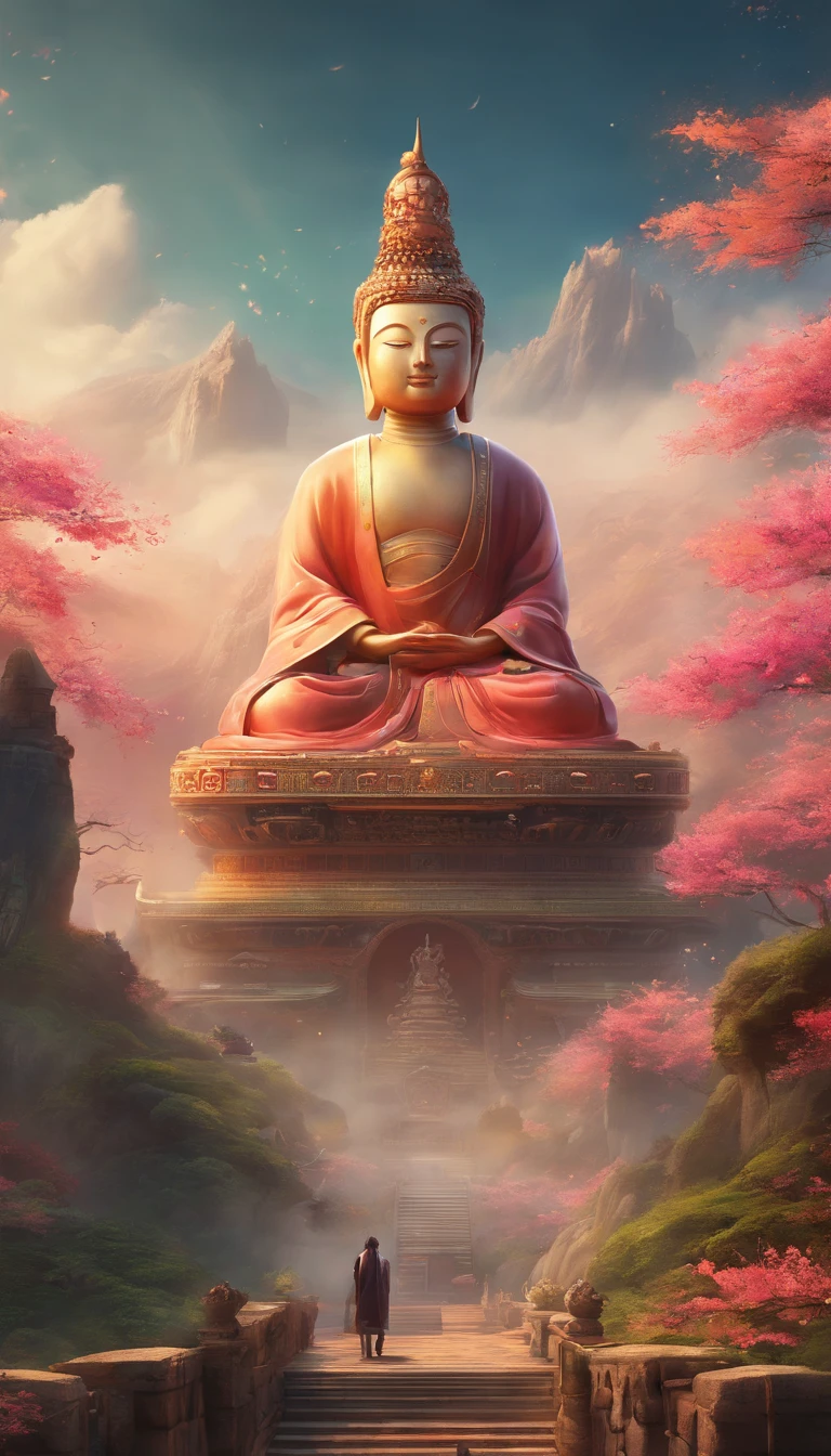 ((masutepiece)),(Best quality)),China style,In the sky, The clouds form a huge Maitreya Buddha statue,Pilgrims on the road,Hyper-realistic,Ultra photo realsisim,Real Photographics,8K,High definition,high qulity,Works of masters,super-fine,(((OC renderer)))