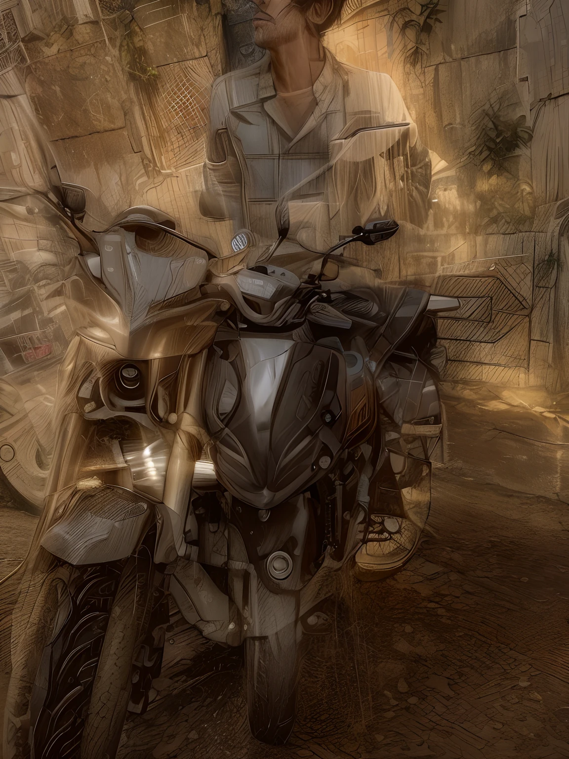 there is a motorcycle parked in front of a wall with a planter, front side full, front side, front profile, front shot, frontal shot, frontshot, front profile shot, front face, facing front, front side view, front profile!!!!, full front view, front portrait, front flash, front view, above view, front symetrical, front lit