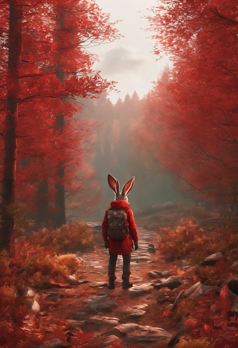 3D rendering of (A rabbit with glasses and a hat stands on the path between the autumn leaves), hairy, Green bright rabbit, （Binoculars hanging from your chest：1.37）, Green fashion adventure clothing,green shorts， Wear red hiking boots on your feet,, cute ears, （Red and green berets：1.34），Red and green camping hats, (Carry a green backpack with you), (trowels), (camping equipment, )Related to many adventurous tools,(compass：1.37),
Curious to explore expressions, Cartoon, 4D, Fox,
Background: Autumn Leaf Forest Trail Red Forest, autumn forest, red illuminating fog, In a red dream, really beautiful forest, Beautiful forest, Beautiful hazy wood, Red shade spray, Breathable and beautiful trees, breath-taking beautiful trees, red fog, beautiful forests and trees, Bright but dark red, red trees,{{Masterpiece}},{{{Best quality}}},{{Ultra-detailed}}, {{{illustration}}},{{Disheveled hair}},concept art of character,Game scene graph,Clear facial features,close up photograph,Photography,postapocalyptic,Masterpiece,archviz/building rendering,Quixel Megascans Render,corona rendered,rendering by octane,v-ray,High detail,hyper qualit,high resolution,trending on artstationh,hyper photorealism,surrealism,HD,8K tilt shift,Long shot,Split Lighting,