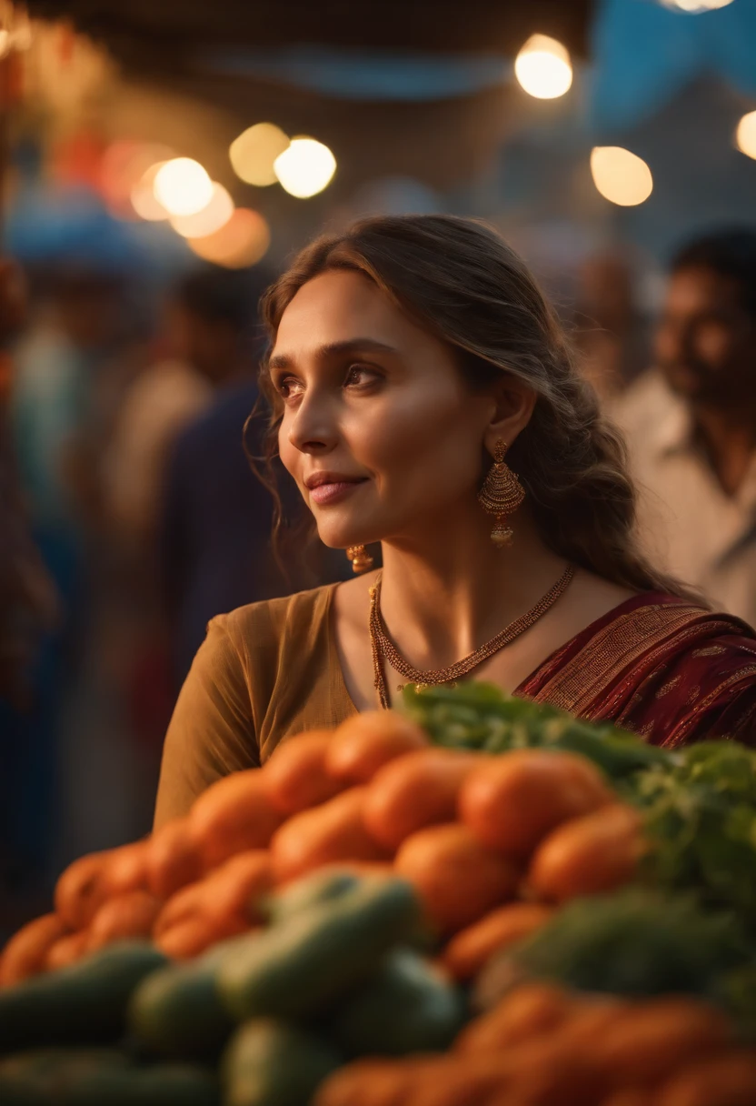 Masterpiece, highres, 8k,Elizabeth Olsen in simple Indian saree,in local market, buying vegetables, cinematic light, ultra skin texture.