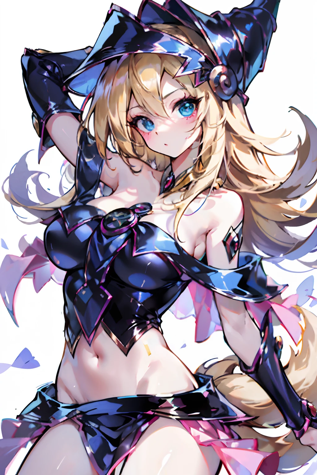 K/Da_ahri, 1 Nina Black Mage Girl, breasts, Animal ear, blond hairbl, Solo, fox ear, K/Da (League of Legends), cabellos largos dorados, Escot, Coke, looking at viewert, Facial branding, choker necklace, Large of breast, bare shoulders​, Foxtail, jewely, eBlue eyes, The upper part of the body, Multiple tails, rim, brightly, 鎖骨, Navel covering, 耳Nipple Ring. Black magician girl sexy