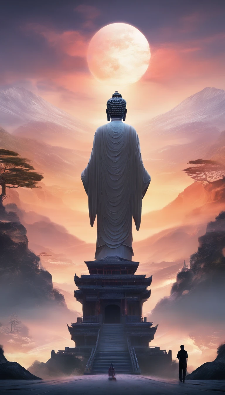 China-style,In the distance, A huge tall Buddha statue stands in space,Gaze at the earth,Standing Buddha statue,with light glowing,Glow effects,Pilgrims on the road,Hyper-realistic,Ultra photo realsisim,Real Photographics,8K,High definition,high qulity,Works of masters,super-fine,Chinese black and white ink style,(((white colors))),Decolorization,Smudge,ink,8K,super-fine,high qulity,(((OC renderer)))