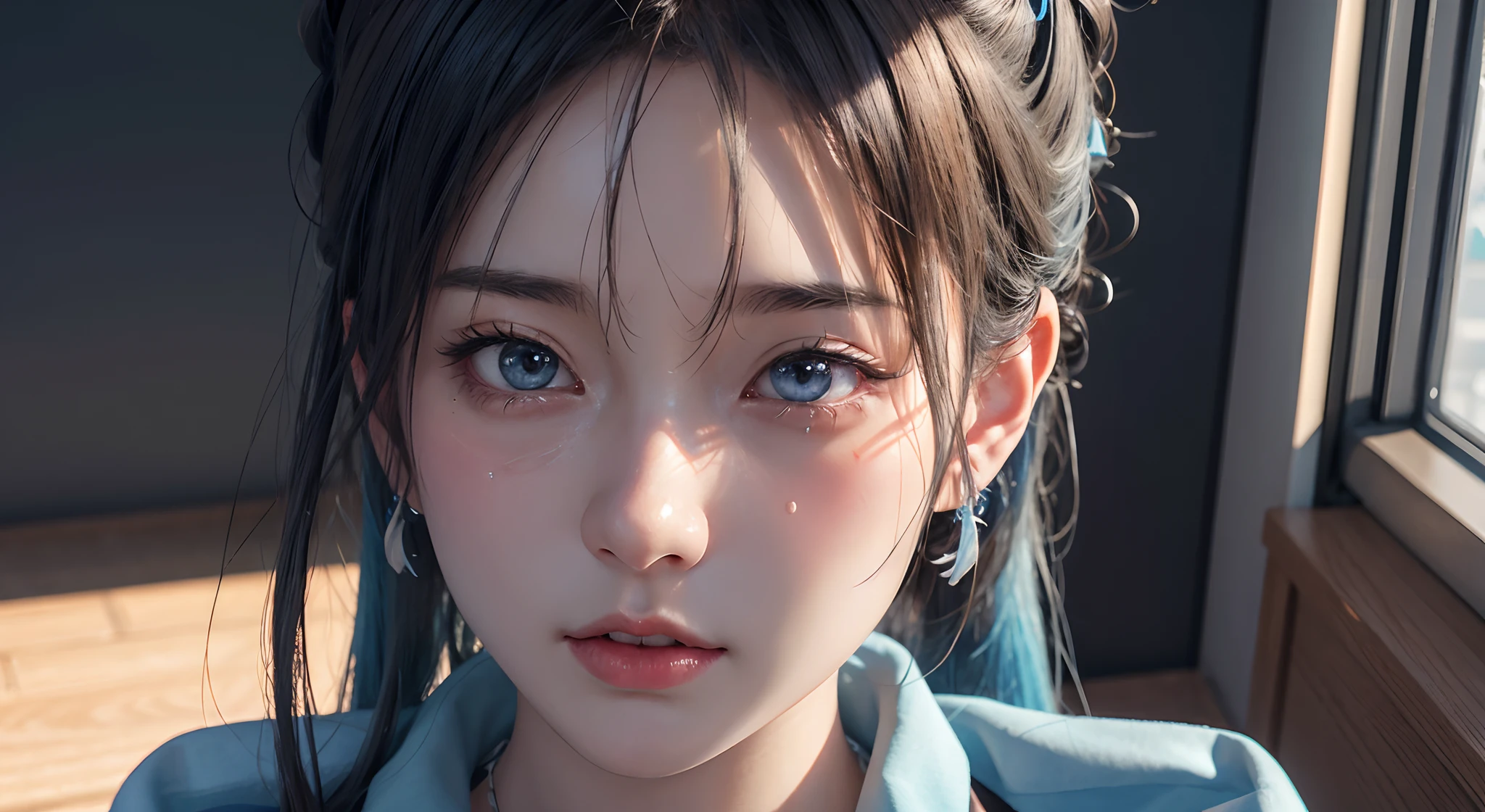 crying how bright,mourn、natta,TOKYOcty、neons、full bodyesbian,There is a woman wearing a necklace around her neck, Light blue skirt、soft portrait shot 8 k, 8K portrait rendering, photorealistic anime girl render, 8K highly detailed face, 3 d render character art 8 k, unreal enginee 5, 3 d anime realistic, Trending on CGSTATION, 8 k cg render