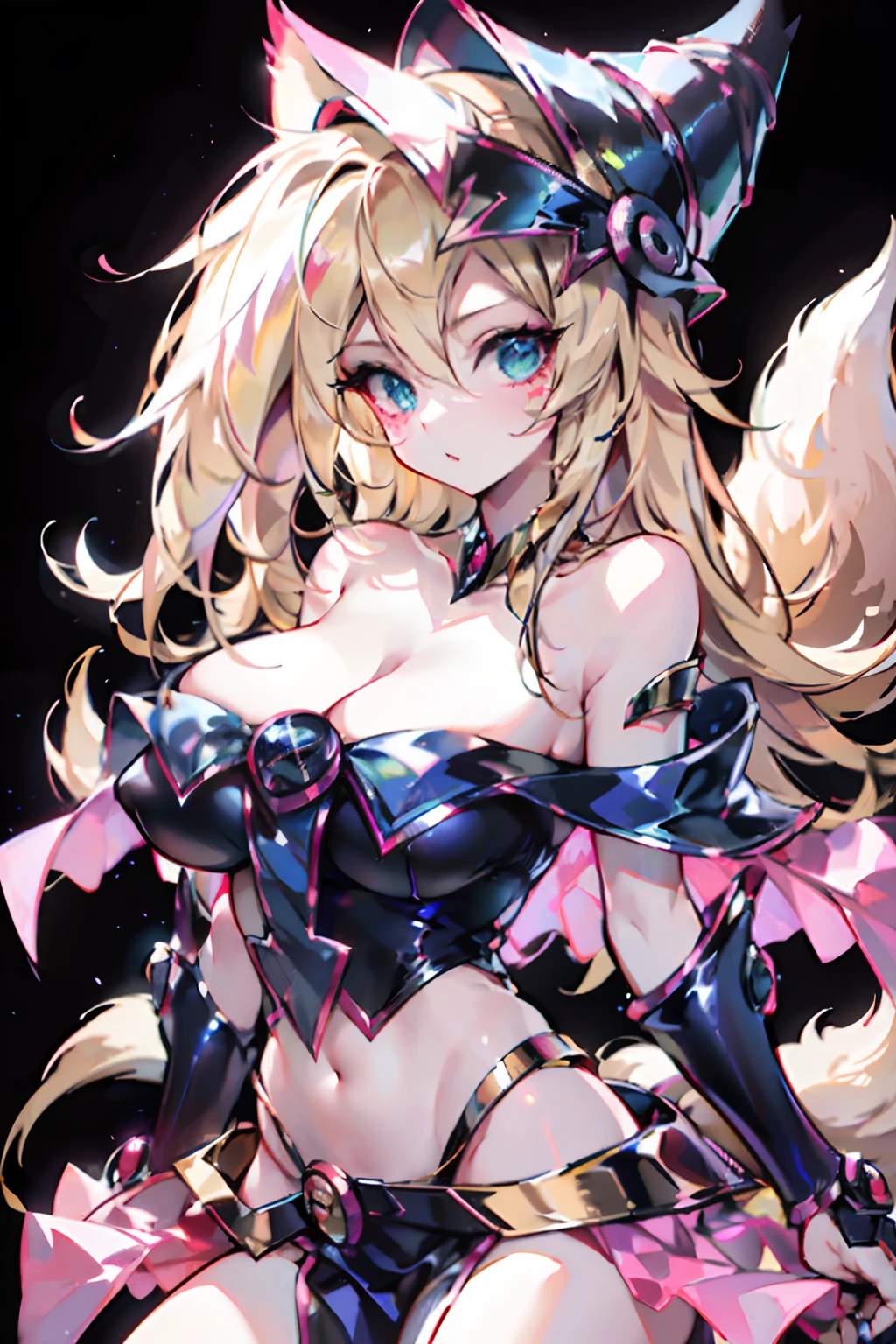 K/Da_ahri, 1 Nina Black Mage Girl, breasts, Animal ear, blond hairbl, Solo, fox ear, K/Da (League of Legends), cabellos largos dorados, Escot, Coke, looking at viewert, Facial branding, choker necklace, Large of breast, bare shoulders, Foxtail, jewely, eBlue eyes, The upper part of the body, Multiple tails, rim, brightly, 鎖骨, Navel covering, 耳Nipple Ring. Black magician girl sexy