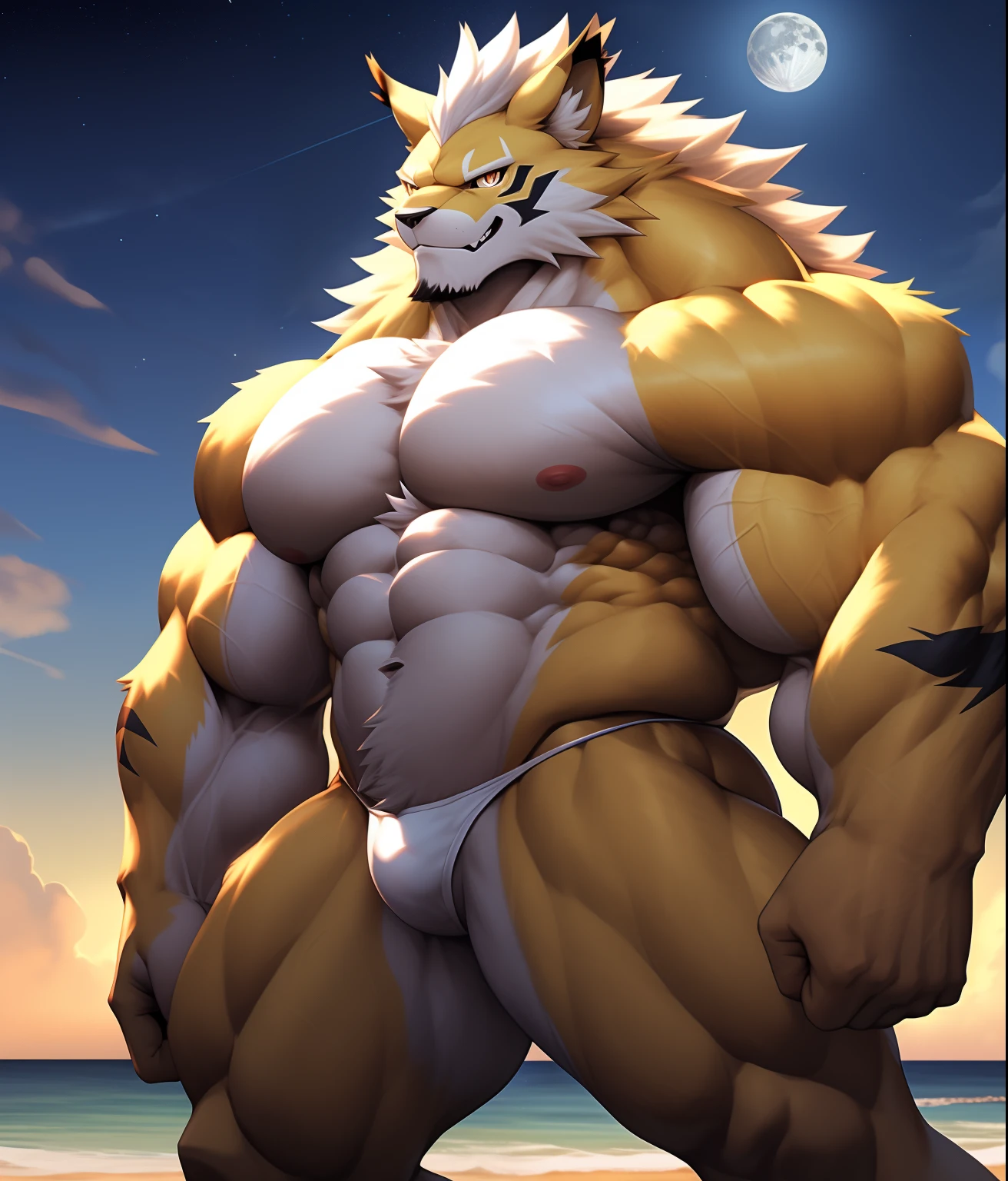 PRO competitive bodybuilder, nj5furry, (Leomon,, massive, huge, muscular, Gigachad), (((((WHITE THONG))))) Leomon, YOUNG FACE, TEEN, ((extremely realistic shadows, masterpiece, extremely detailed, photorealistic)), kemono, looking at the viewer, ((FRONT)), murderous look, Leomon, ((detailed face)) nose, amber eyes, ((detailed eyes)), skin, fur, hair, mane, height 3 meters high, the optimal height, tight clothing, 110 kg, body full of huge muscles; muscle and bulge pecs, huge pecs, ((massive pectorals)) ((huge pectorals)) ripped abs, V-shaped body, thick waist, long legs, strong arms manly, handsome face, attractive cool calm face type with a mischievous smile, topless. Beach, night, moon, moon rays, clouds, stars; bulge in the crotch, wears a small white string thong that reveals huge, muscular thighs, (((she wears a very tight little white string thong))), bulging biceps. A muscular bodybuilder in the making. A potential PRO competitive bodybuilder and bulging neck. ((Almost naked)) ((BACK)) huge muscular thighs firm, round buttocks and round butt.