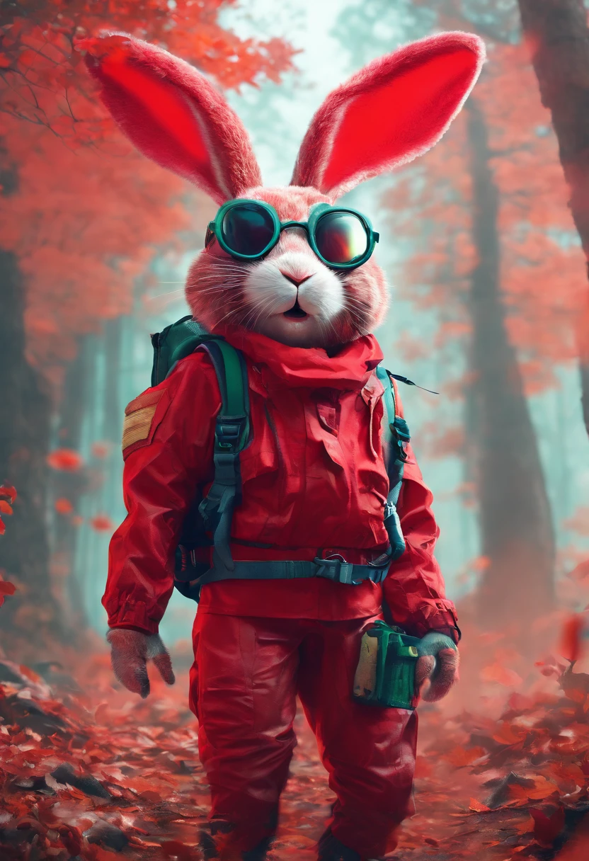 3D rendering of (A rabbit with glasses and a hat stands on the path between the autumn leaves), hairy, Green bright rabbit, (Binoculars hanging from your chest:1.37), Green fashion adventure clothing,green shorts, Wear red hiking boots on your feet,, cute ears, (Red and green berets:1.34),Red and green camping hats, (Carry a green backpack with you), (trowels), (camping equipment, )Related to many adventurous tools,(compass:1.37),
Curious to explore expressions, Cartoon, 4D, Fox,
Background: Autumn Leaf Forest Trail Red Forest, autumn forest, red illuminating fog, In a red dream, really beautiful forest, Beautiful forest, Beautiful hazy wood, Red shade spray, Breathable and beautiful trees, breath-taking beautiful trees, red fog, beautiful forests and trees, Bright but dark red, red trees,{{Masterpiece}},{{{Best quality}}},{{Ultra-detailed}}, {{{illustration}}},{{Disheveled hair}},concept art of character,Game scene graph,Clear facial features,close up photograph,Photography,postapocalyptic,Masterpiece,archviz/building rendering,Quixel Megascans Render,corona rendered,rendering by octane,v-ray,High detail,hyper qualit,high resolution,trending on artstationh,hyper photorealism,surrealism,HD,8K tilt shift,Long shot,Split Lighting,