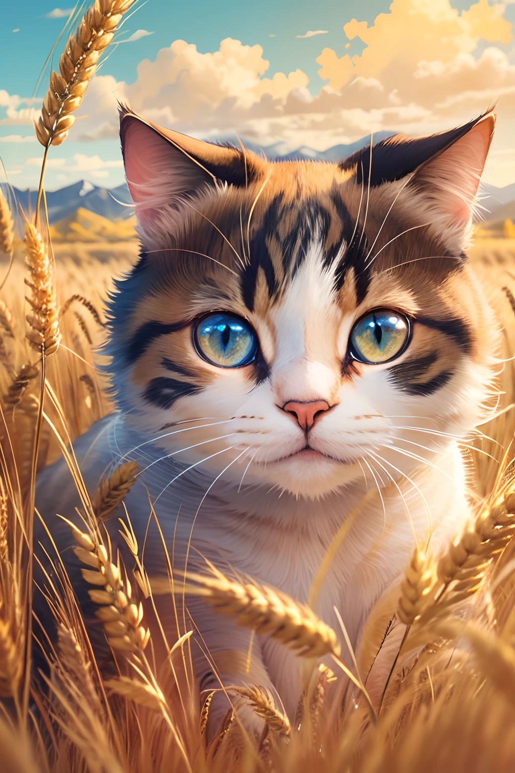 A round-eyed cat in a golden wheat field.The background is blue sky, Far Mountain.